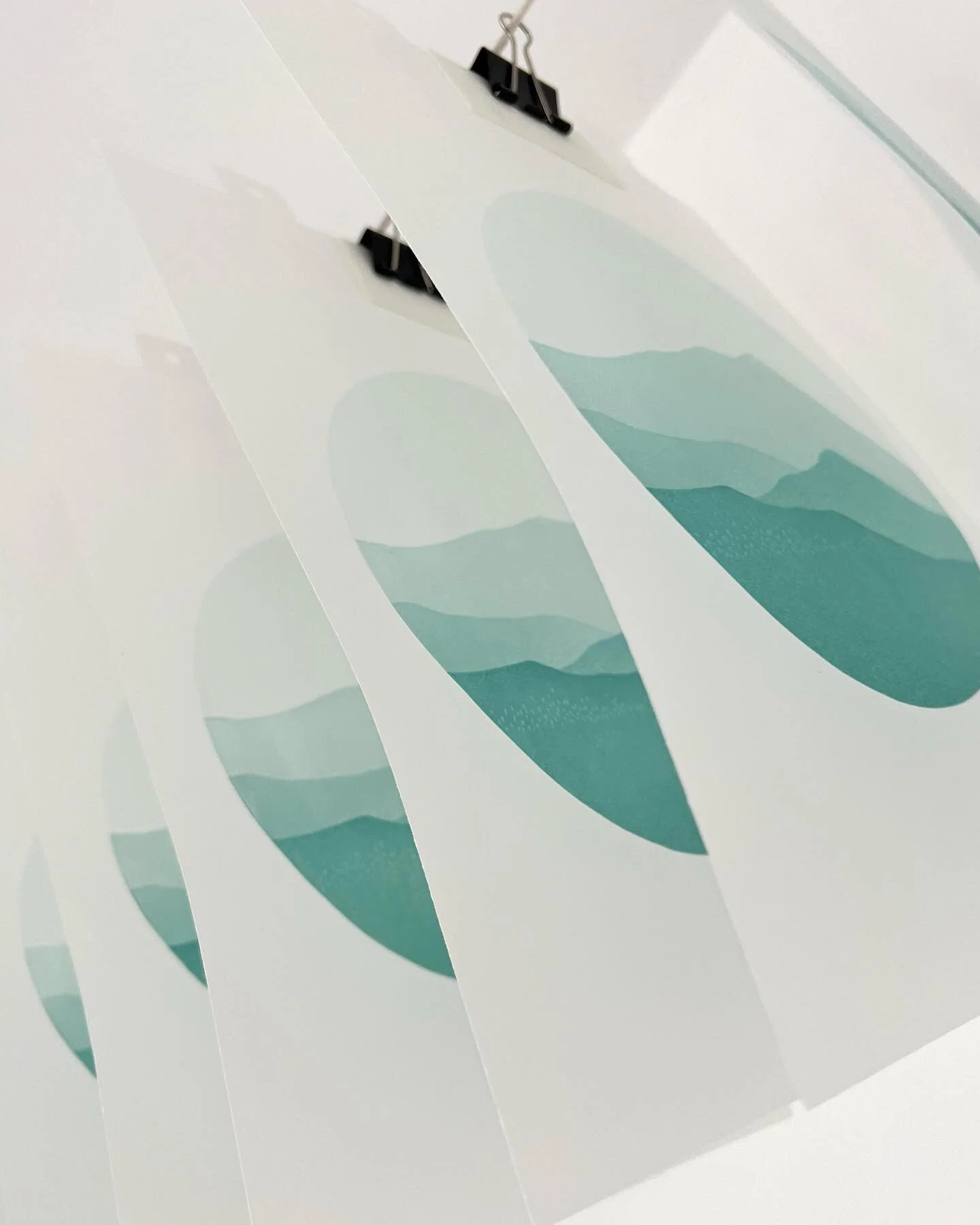 Layer 5 down&hellip; loving this slow process of this dreamy Kefalonian landscape.  Always a happy Friday when the drying rack is full😊. 
.
.
.
.
.
.
.
#linocut #linoprint #linoprinting #inkingup #ink #wip #fridayvibes #doitfortheprocess #surfacepri