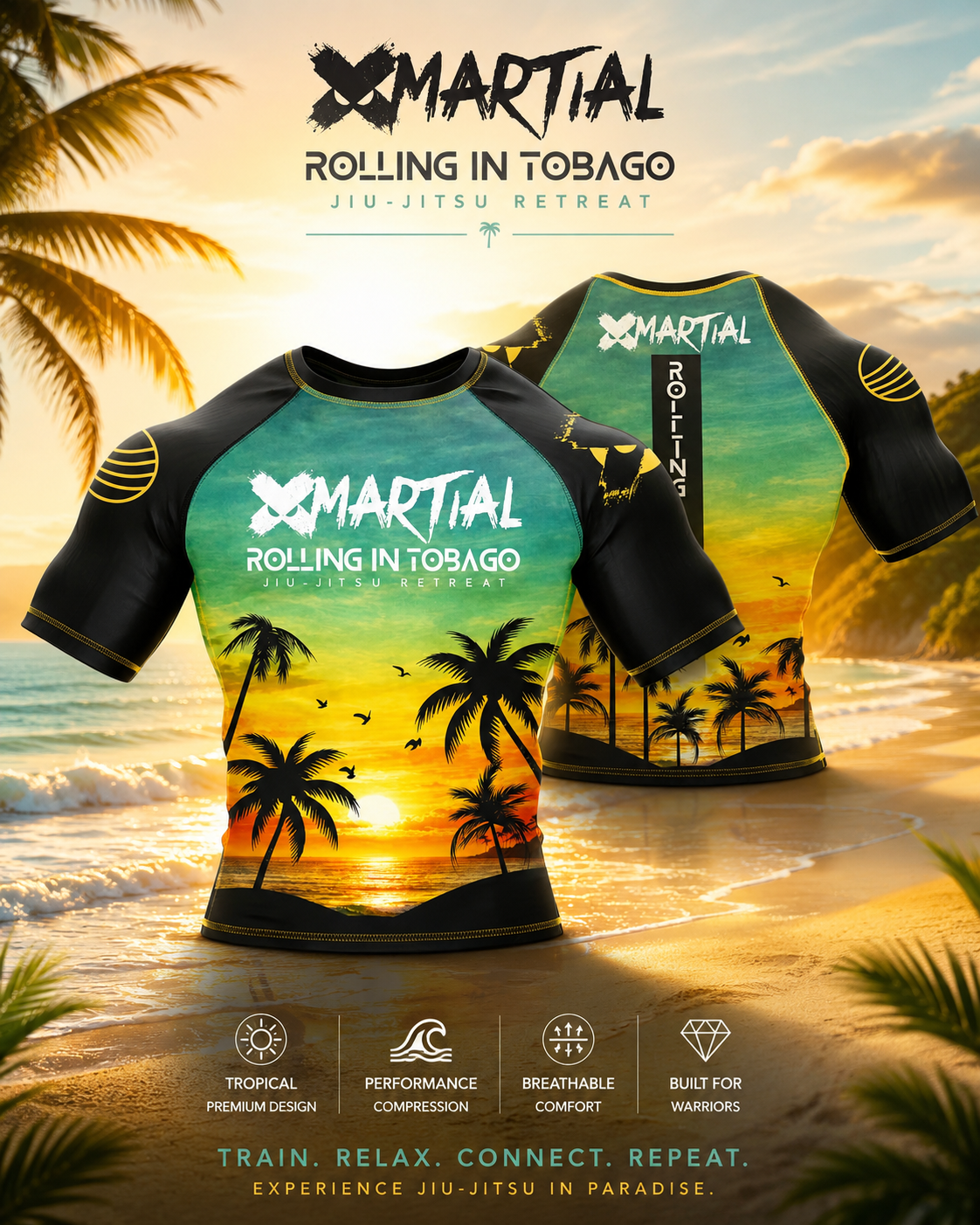 Two colorful martial arts rash guards with tropical sunset and palm tree designs, set against a beach at sunset promoting a Tobago jiujitsu retreat.