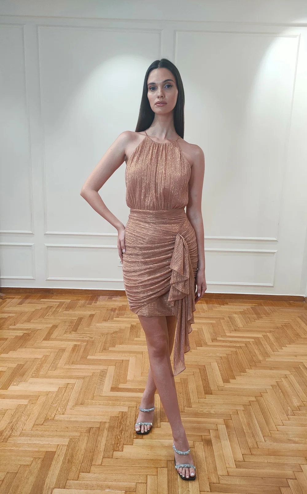 Shimmery Gold Ruched Chiffon Mini Dress — Meanwhile in Athens