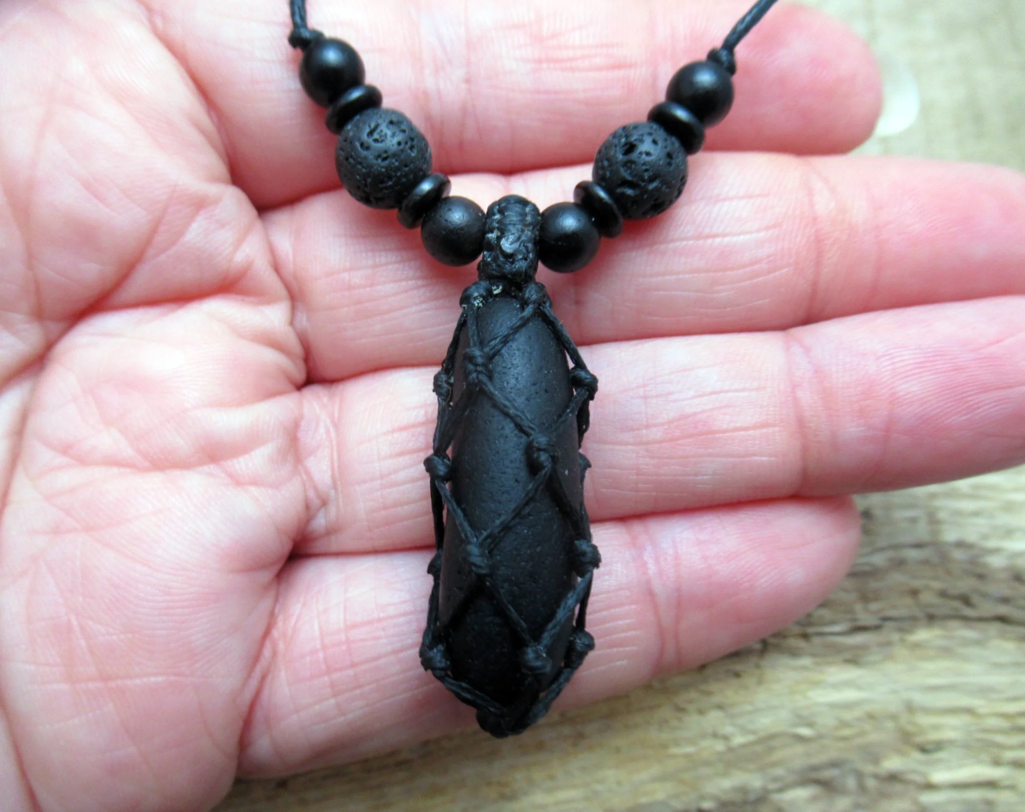 Pirate glass pendant with black lava stone, wood and coconut shell beads, old historic seaglass pendant FREE SHIPPING WORLDWIDE