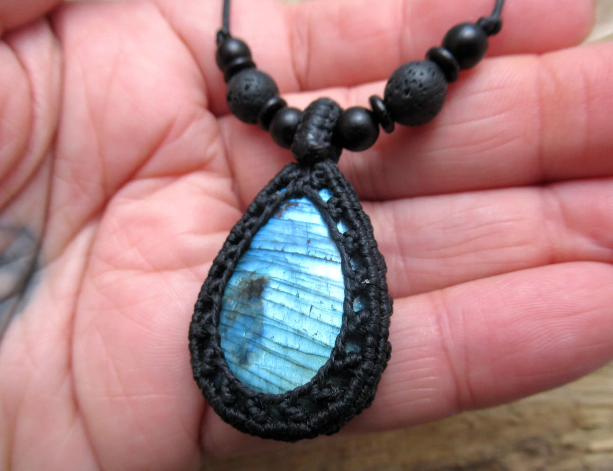 Blue flash labradorite gemstone macrame crystal pendant with lava stone beads FREE SHIPPING WORLDWIDE