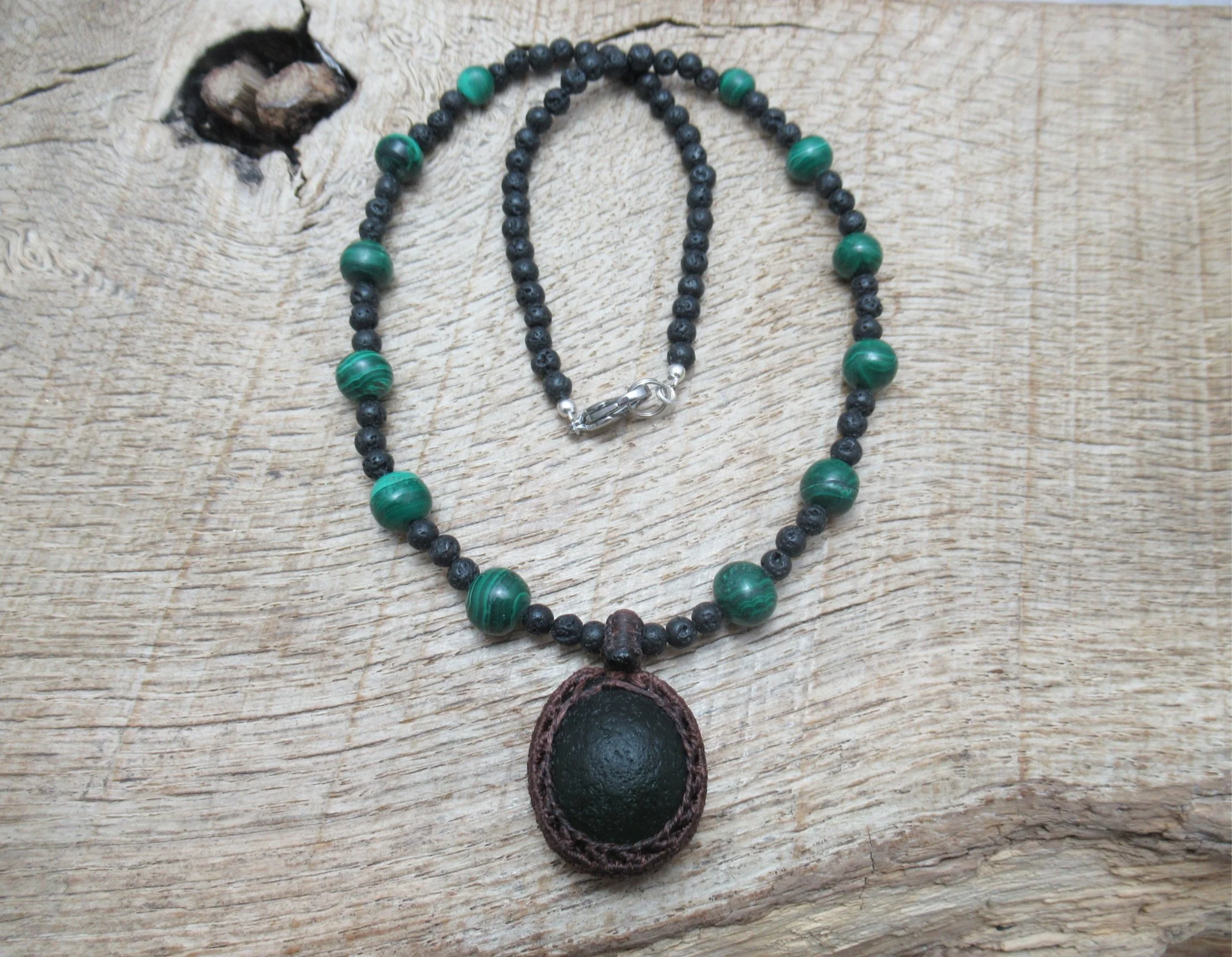 'Mermaids nipple' sea glass necklace, with genuine malachite and lava stone beads FREE SHIPPING WORLDWIDE