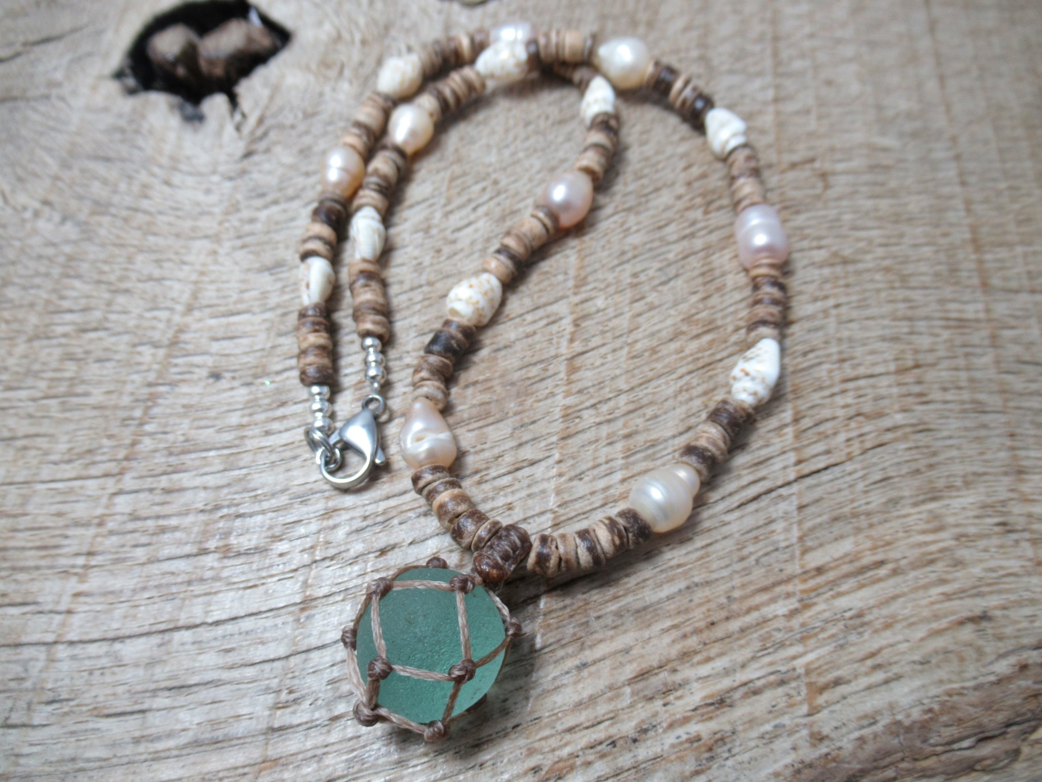 Sea glass Codd marble with genuine pearls, shells and little coconut shell beads FREE SHIPPING WORLDWIDE