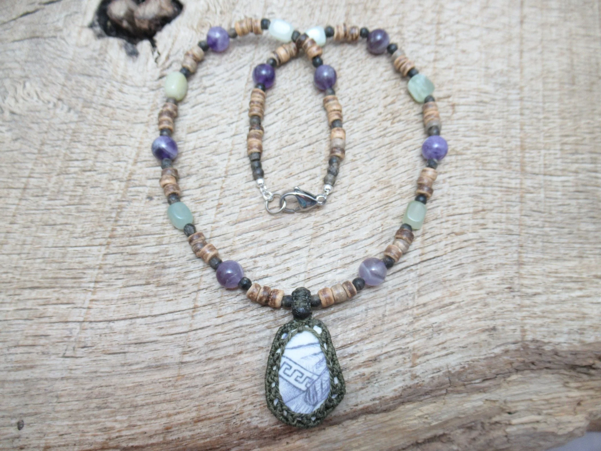 Beachcombing necklace with unusual purple sea pottery pendant, with amethyst, jade and coconut shell beads FREE SHIPPING WORLDWIDE