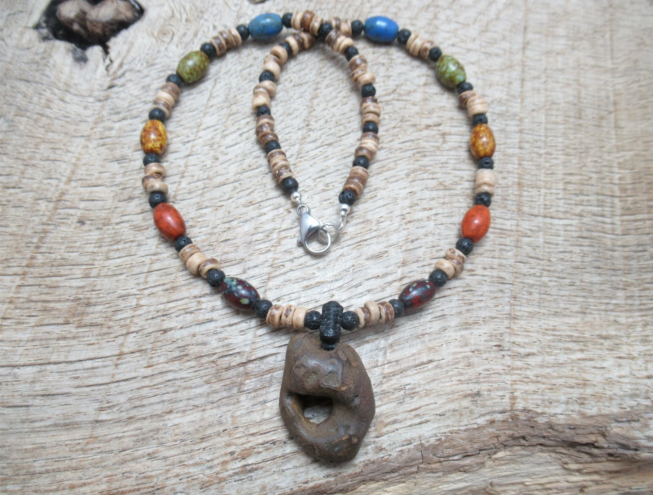 Ironstone hagstone from the Isle of Wight, necklace with vintage glass, black lava stone and coconut shell beads FREE SHIPPING WORLDWIDE