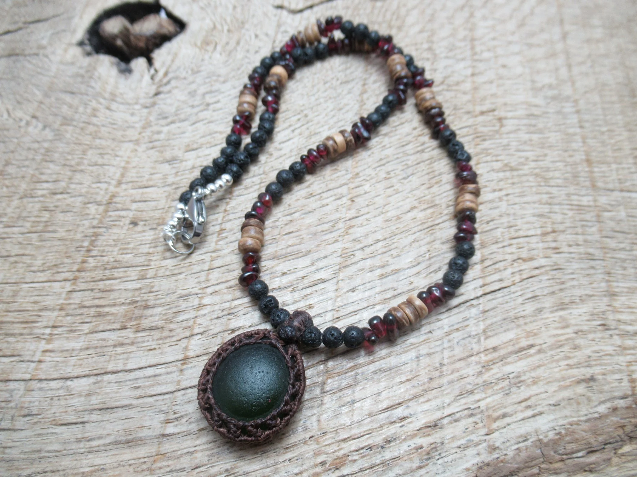 Small well worn 'mermaids nipple' seaglass necklace, with garnet, lava stone and coconut shell beads FREE SHIPPING WORLDWIDE