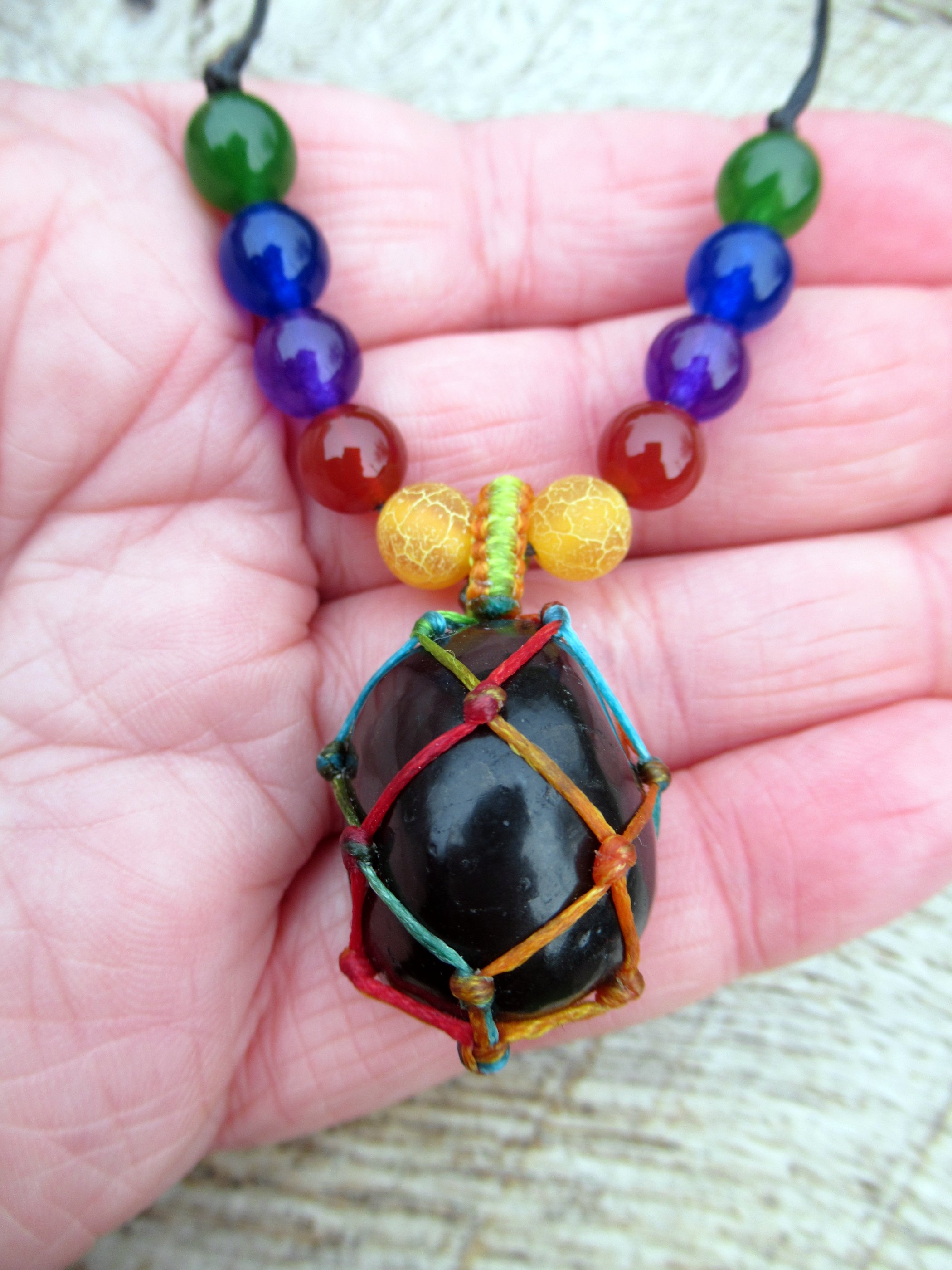 Shungite pendant in rainbow macrame net with colourful gemstone beads FREE WORLDWIDE SHIPPING