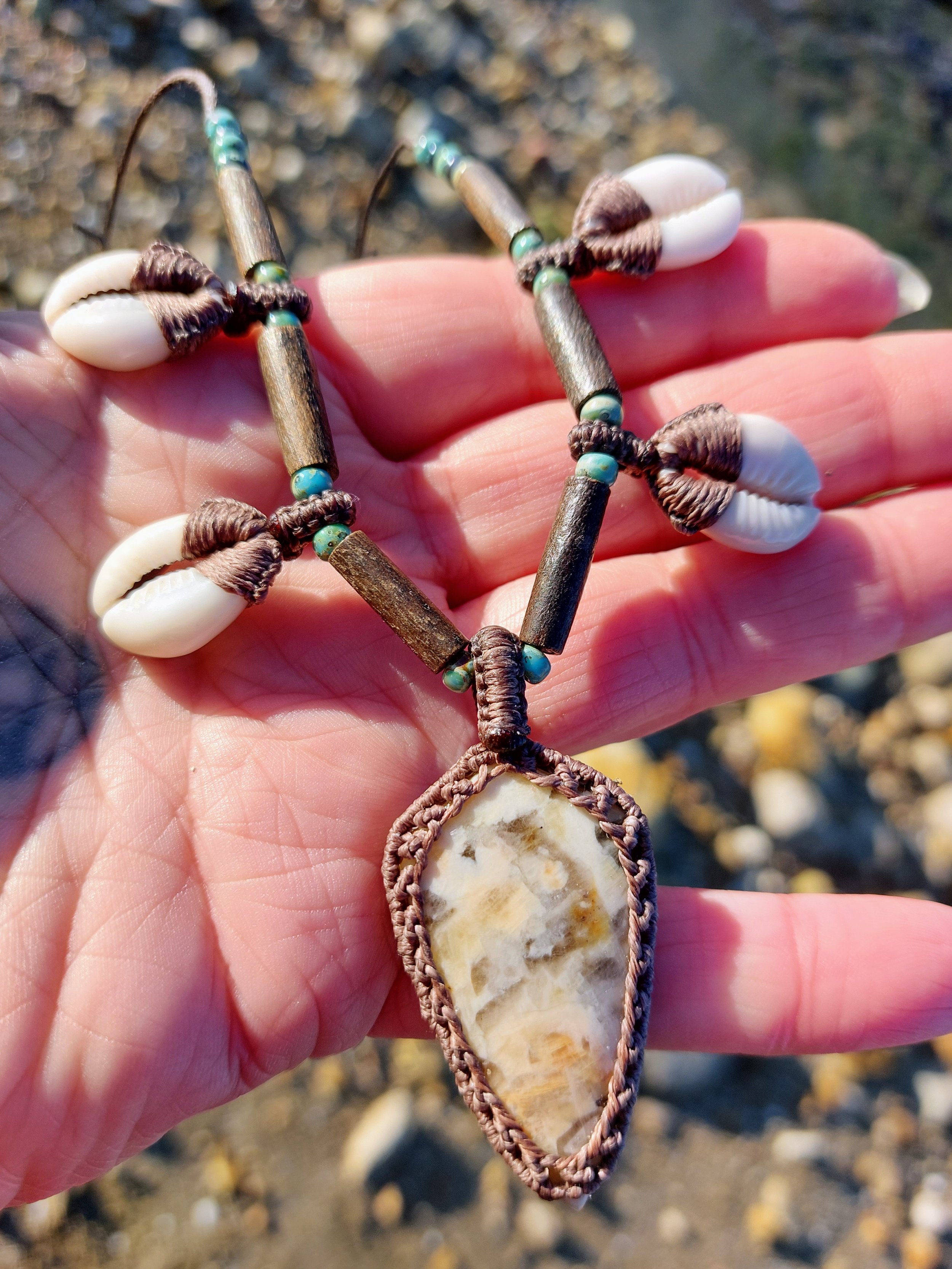 Graphic feldspar and cowrie shell tribal macrame necklace FREE SHIPPING WORLDWIDE