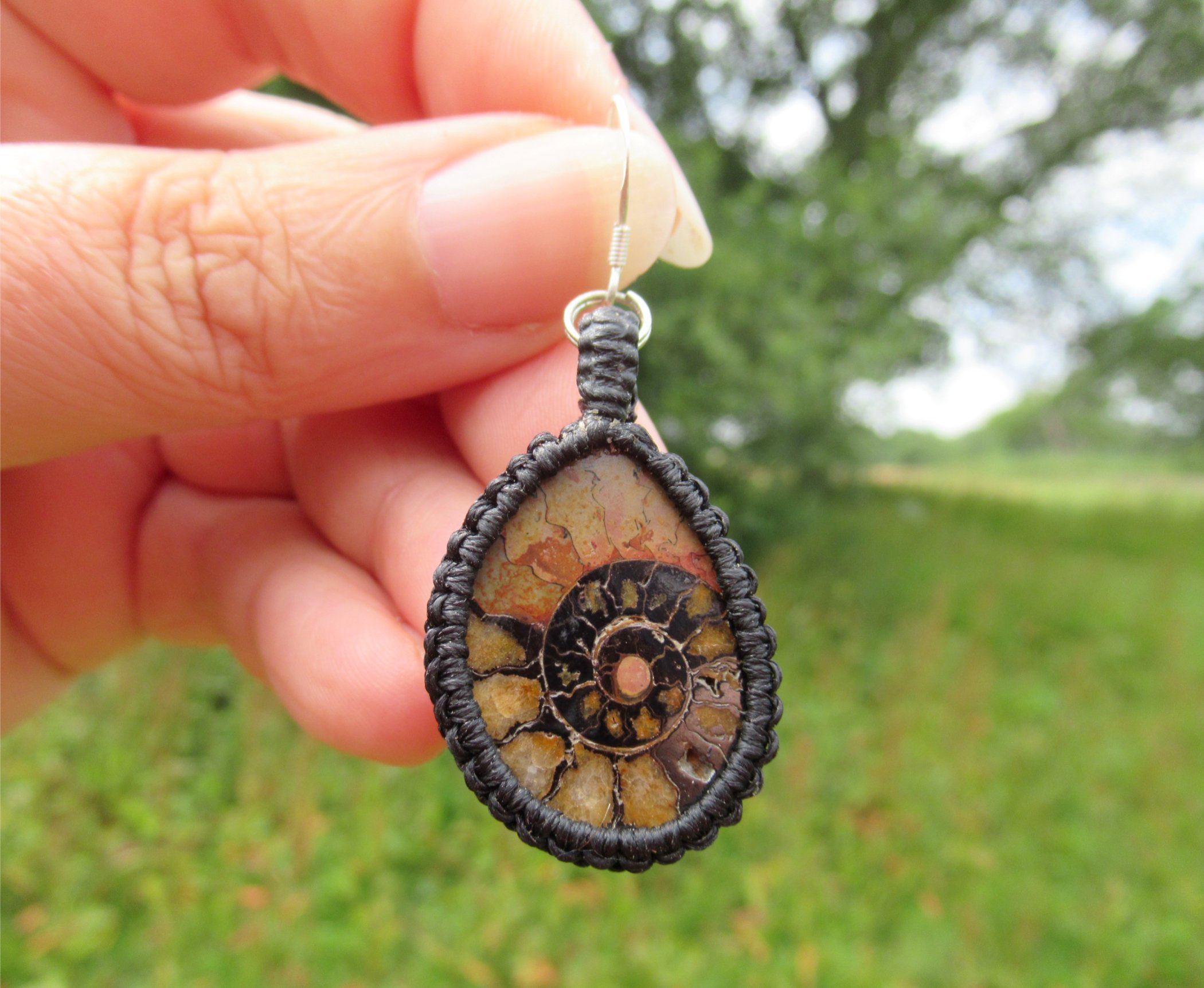 RESERVED single ammonite macrame earring, fossil jewellery FREE SHIPPING WORLDWIDE