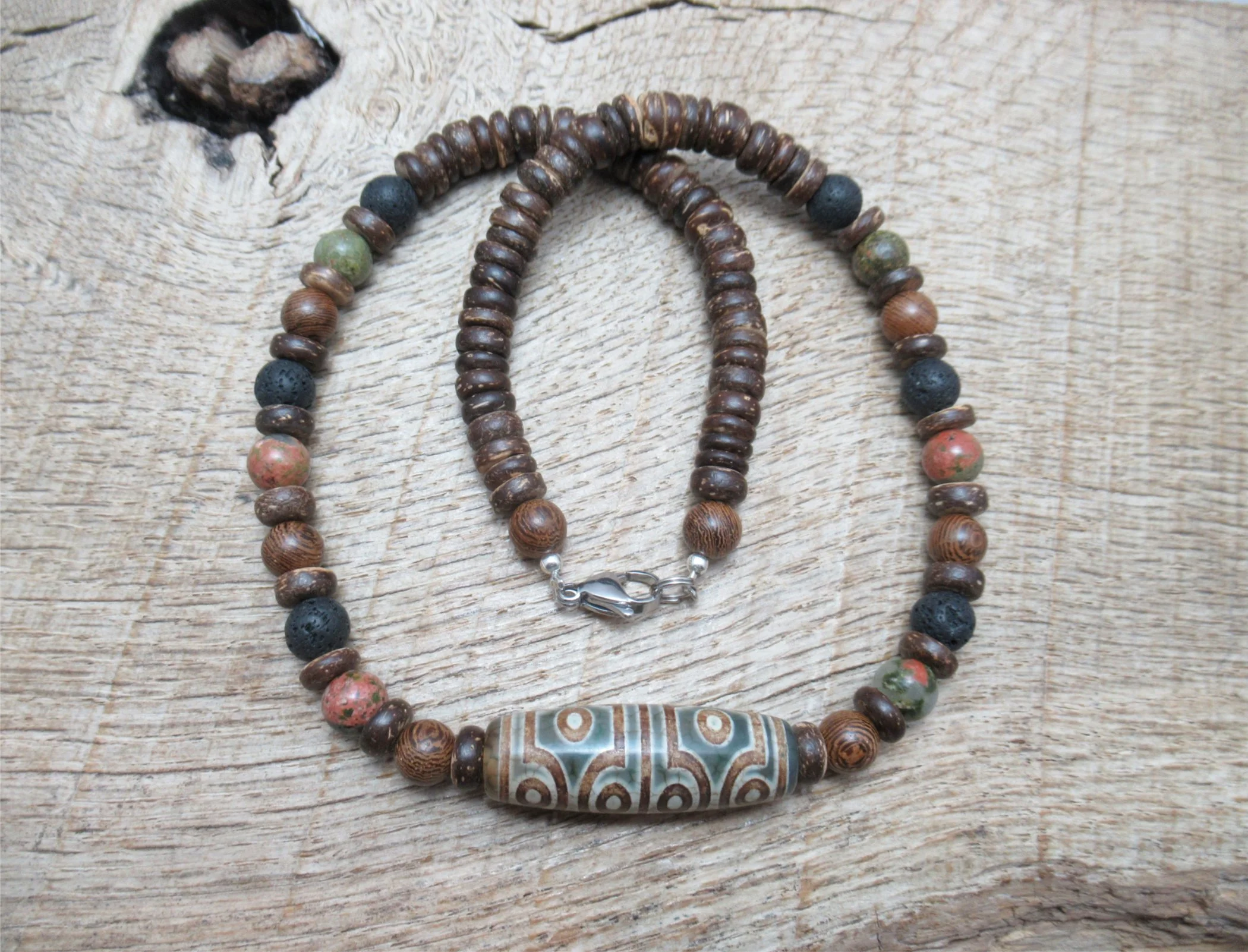 Mens necklace with agate dzi bead, symbol for courage and willpower, with unakite, lava stone, wood and coconut shell beads FREE SHIPPING WORLDWIDE