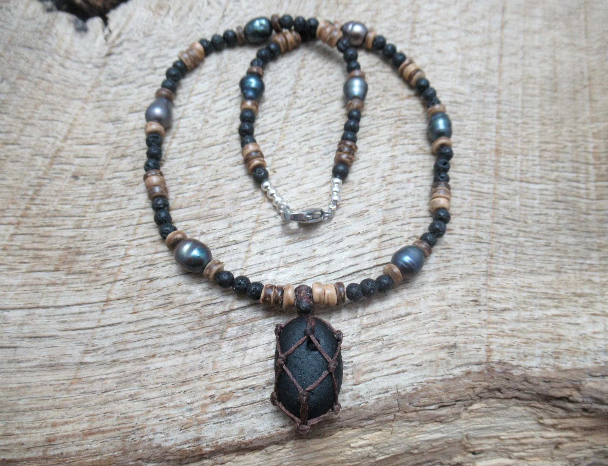 Pirate glass necklace, old historic seaglass, with black pearls, black lava stone and coconut shell beads FREE SHIPPING WORLDWIDE