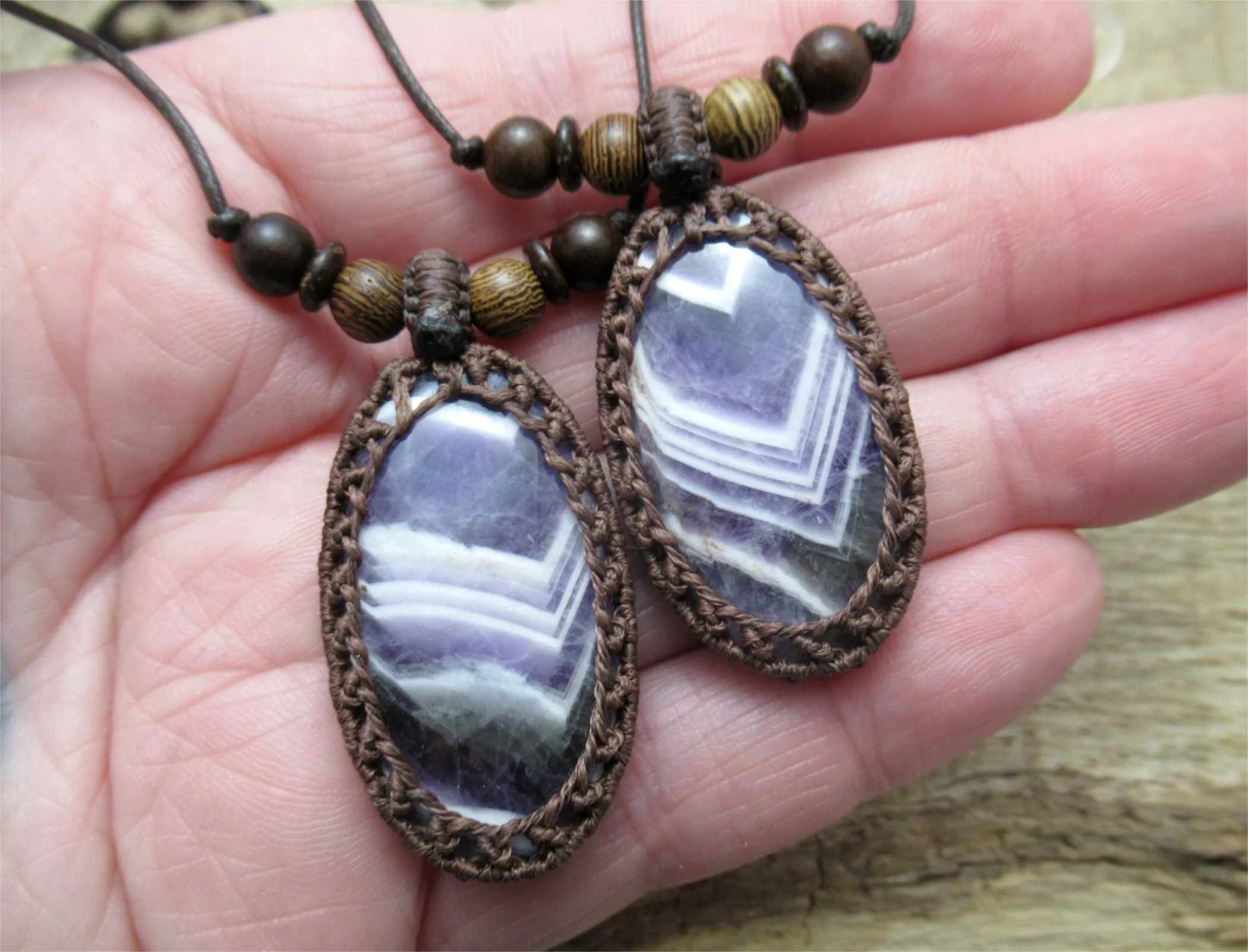 Chevron amethyst necklace pair, couples or best friends necklaces, natural gemstone in macrame setting FREE SHIPPING WORLDWIDE