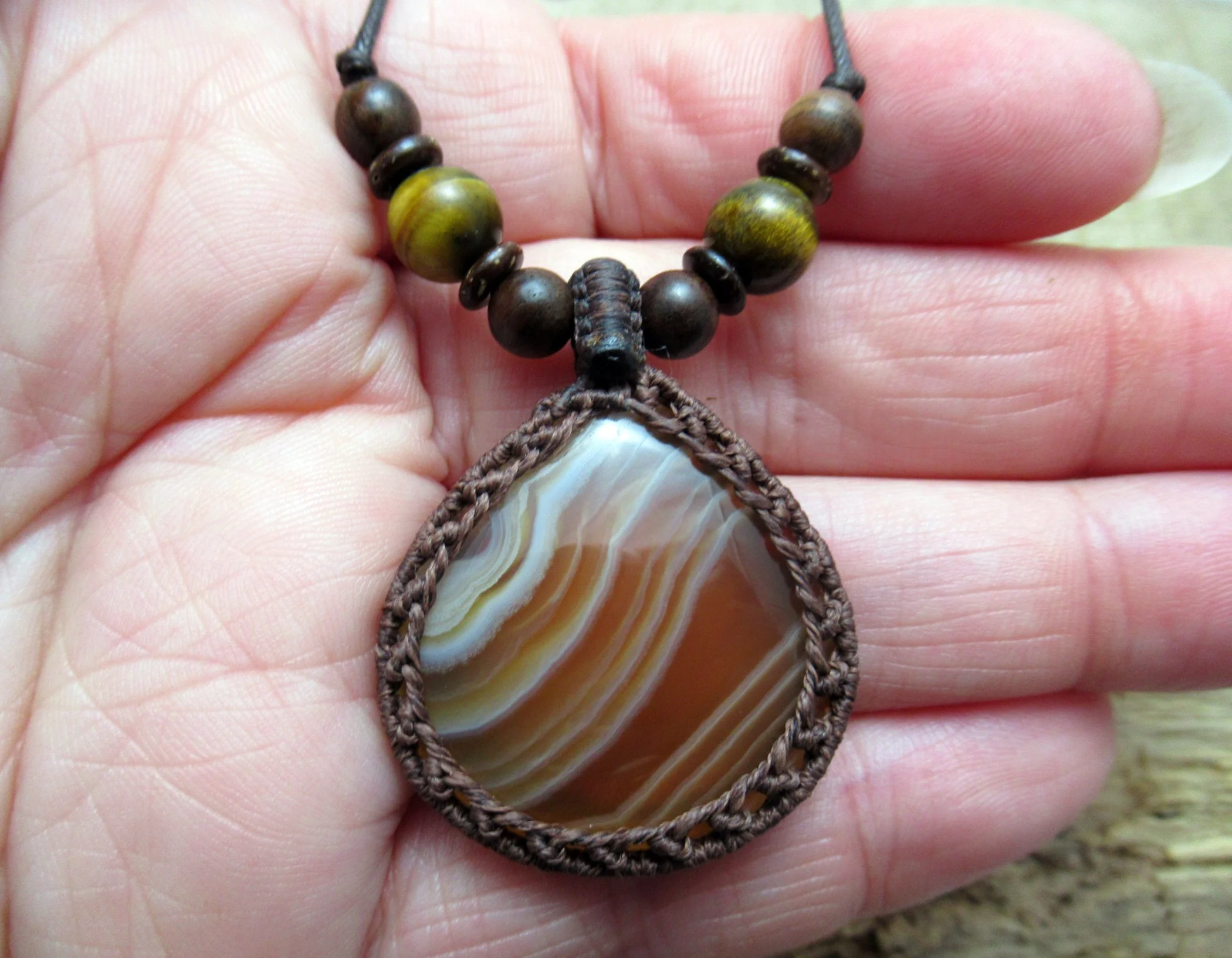 Banded agate macrame crystal pendant with wood and tiger eye beads FREE SHIPPING WORLDWIDE
