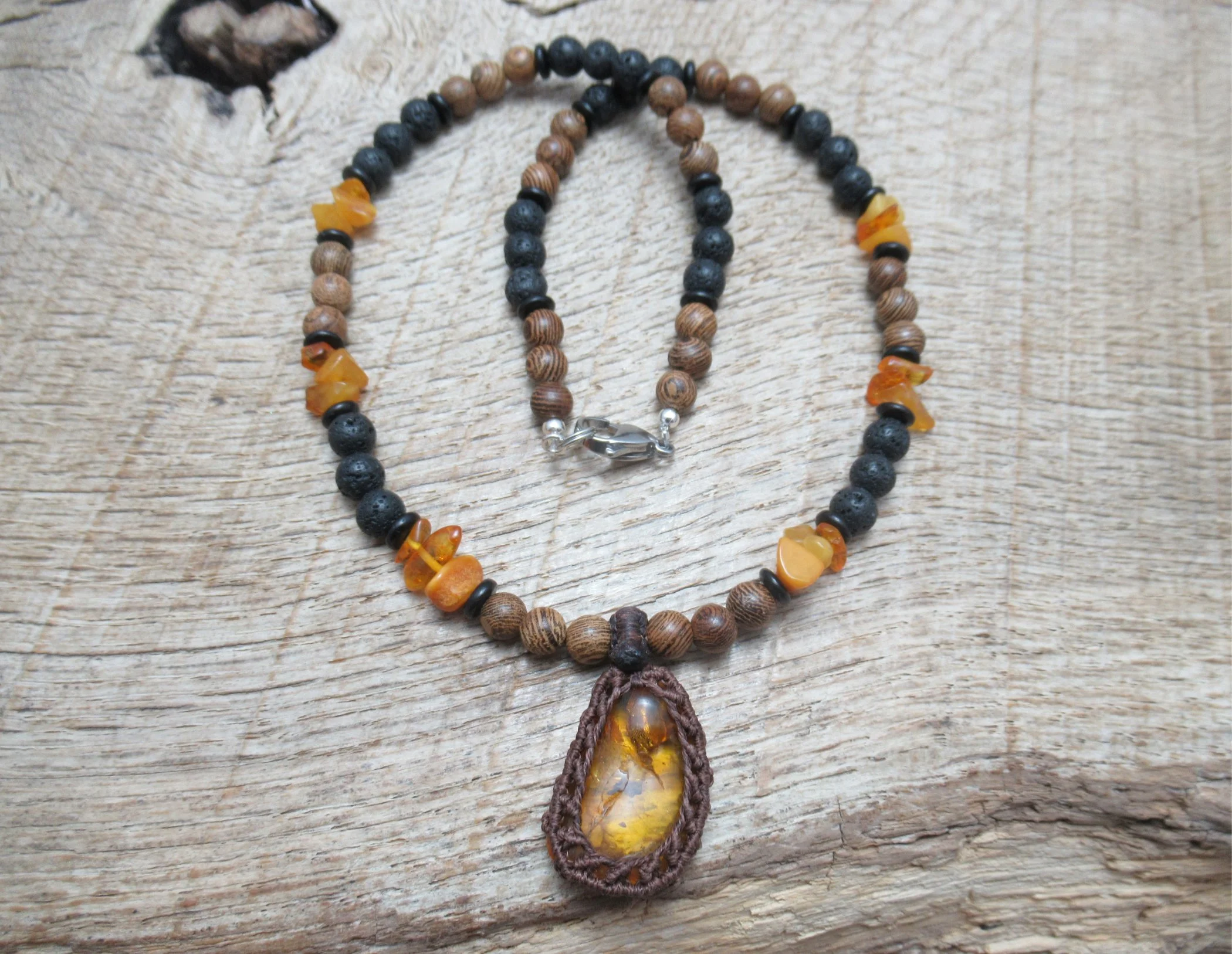 Baltic amber macrame necklace, with lava stone, wood and coconut shell beads FREE SHIPPING WORLDWIDE
