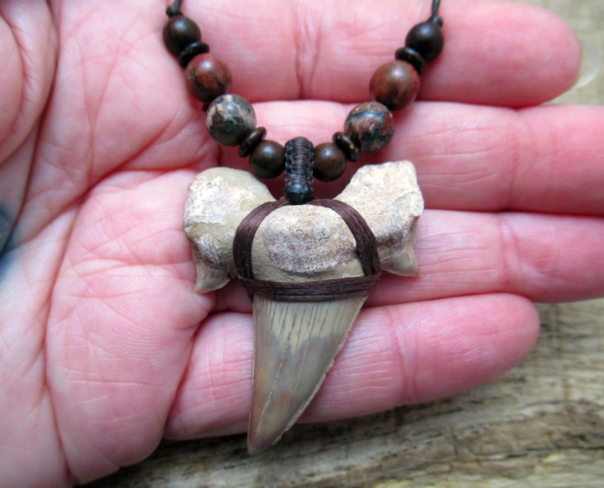Very large fossil shark tooth necklace with mixed jasper and wood beads, otodus obliquus shark FREE SHIPPING WORLDWIDE