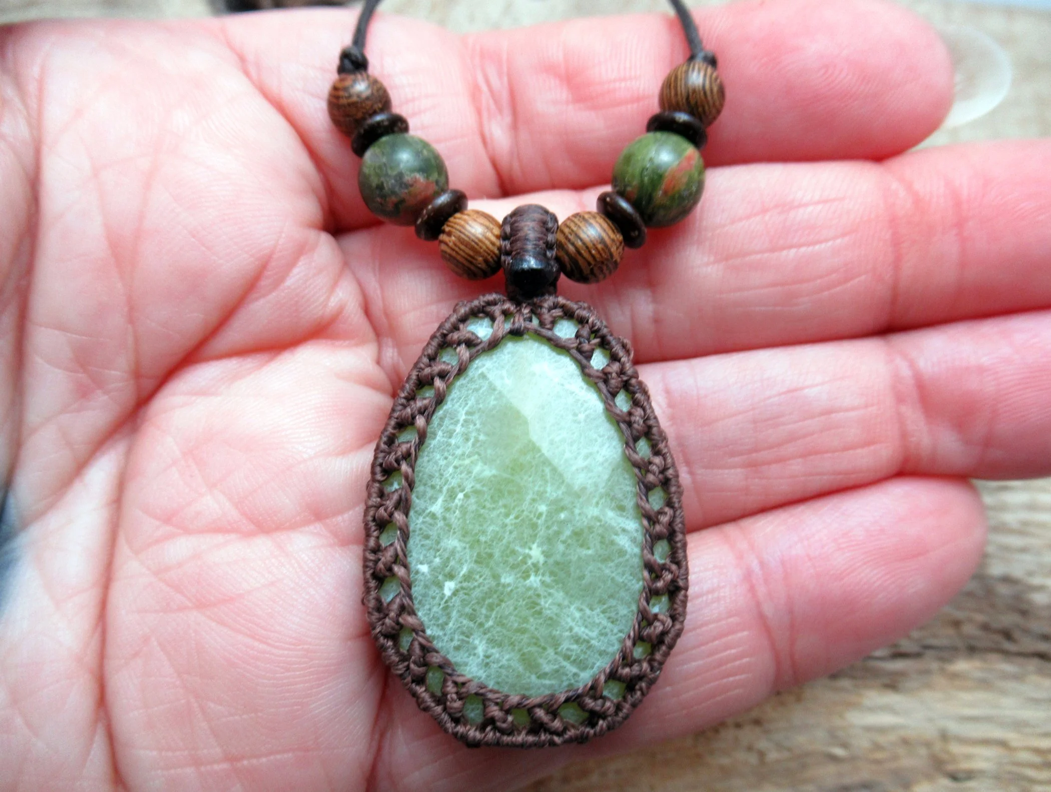 Lightly faceted green jade macrame pendant with unakite and wood beads FREE SHIPPING WORLDWIDE