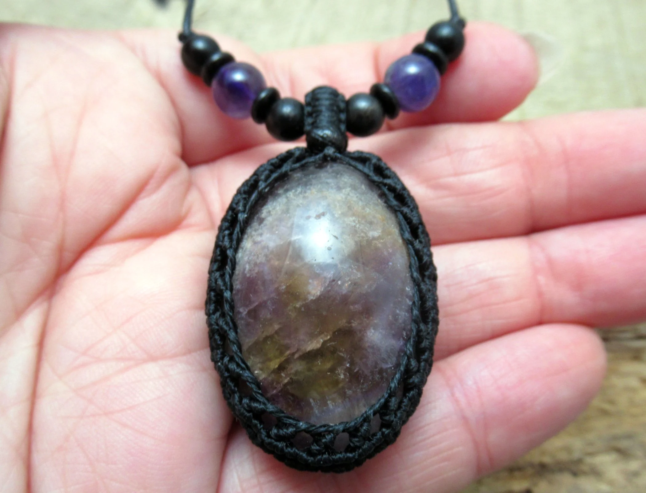 Chunky ametrine (amethyst with citrine) macrame crystal necklace, with amethyst and wood beads