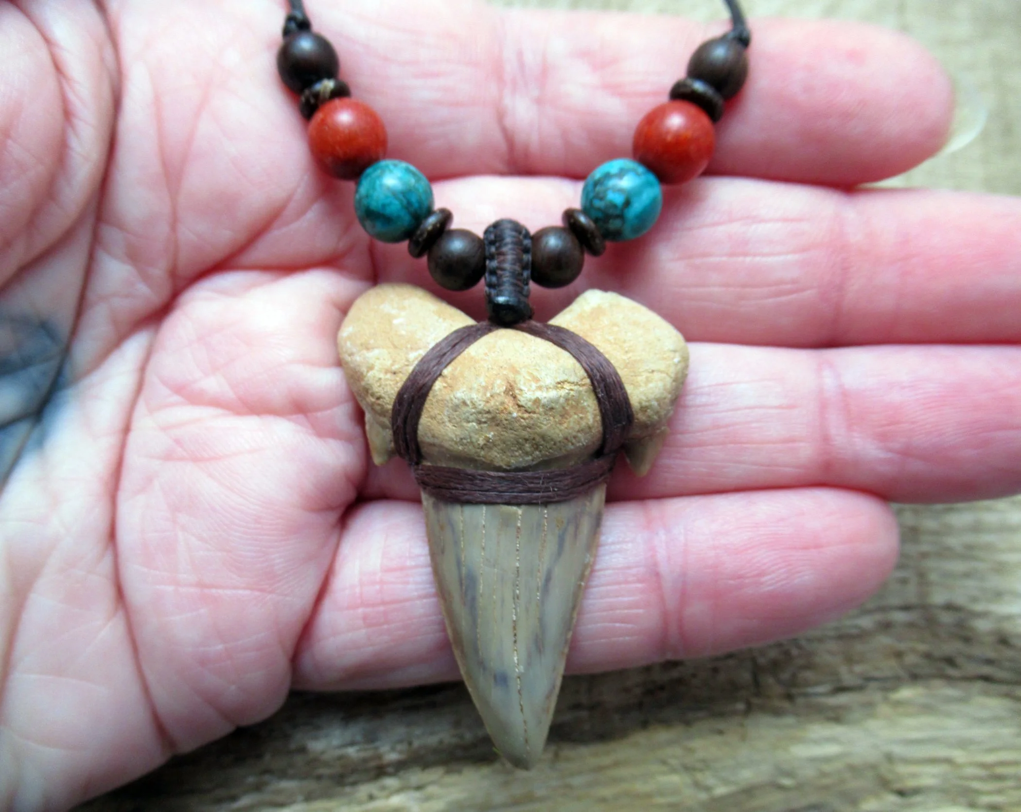 Very large fossil shark tooth necklace with turquoise, coral and wood beads, otodus obliquus shark FREE SHIPPING WORLDWIDE