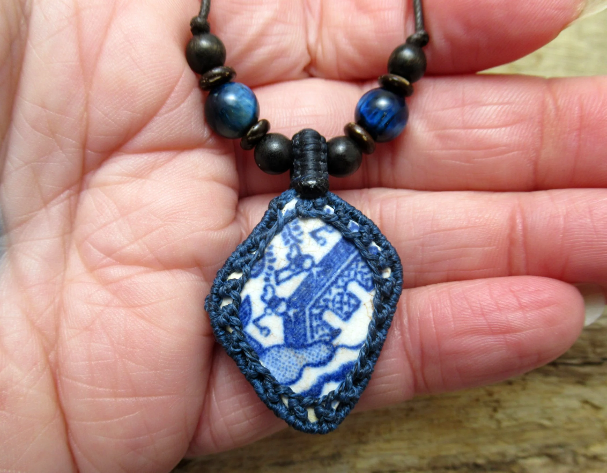 Gorgeous willow pattern sea pottery macrame pendant with blue tiger eye and wood beads FREE SHIPPING WORLDWIDE