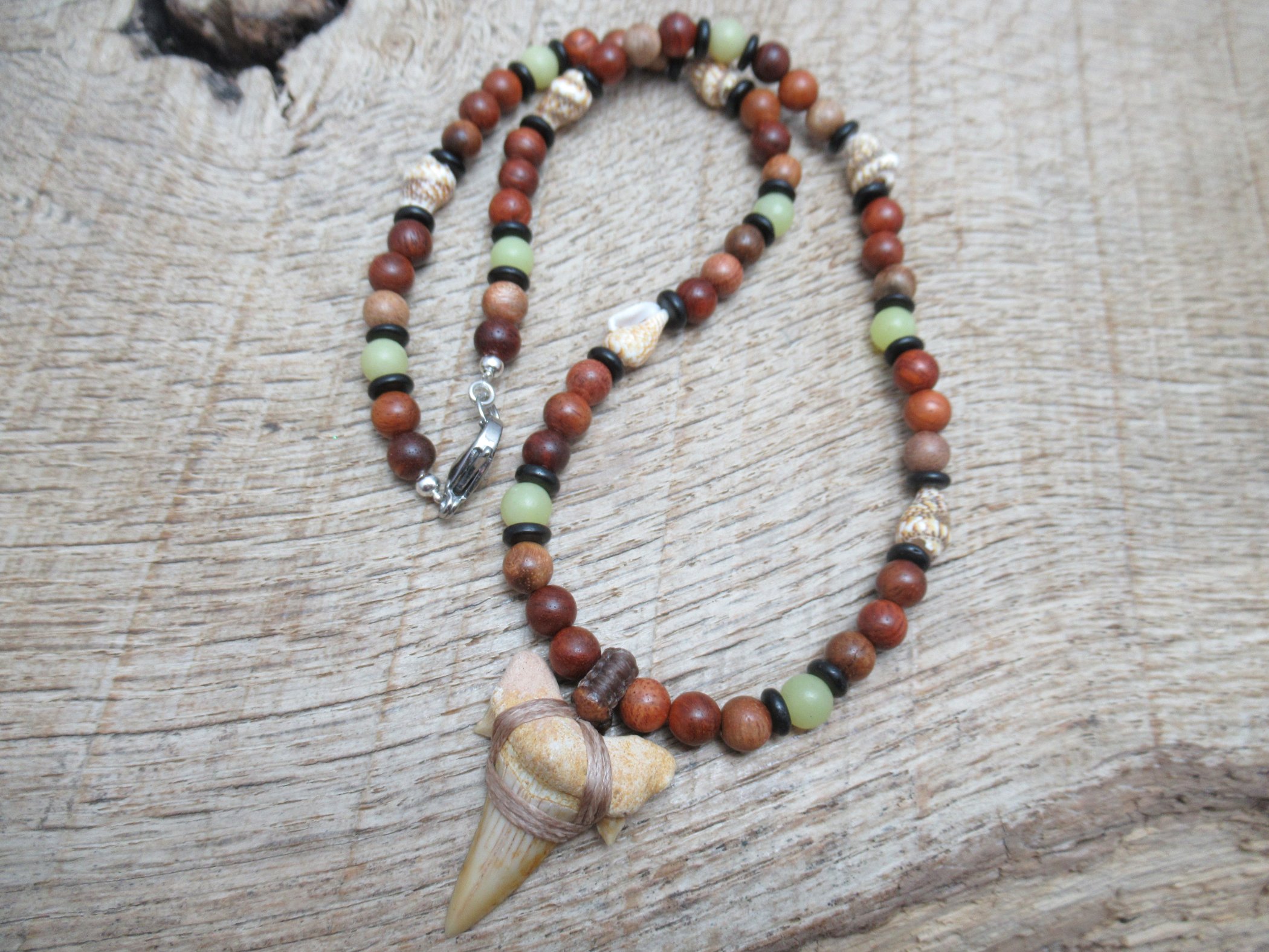 Fossil shark tooth necklace with jade, little shells, wood and coconut shell beads, otodus obliquus shark FREE SHIPPING WORLDWIDE