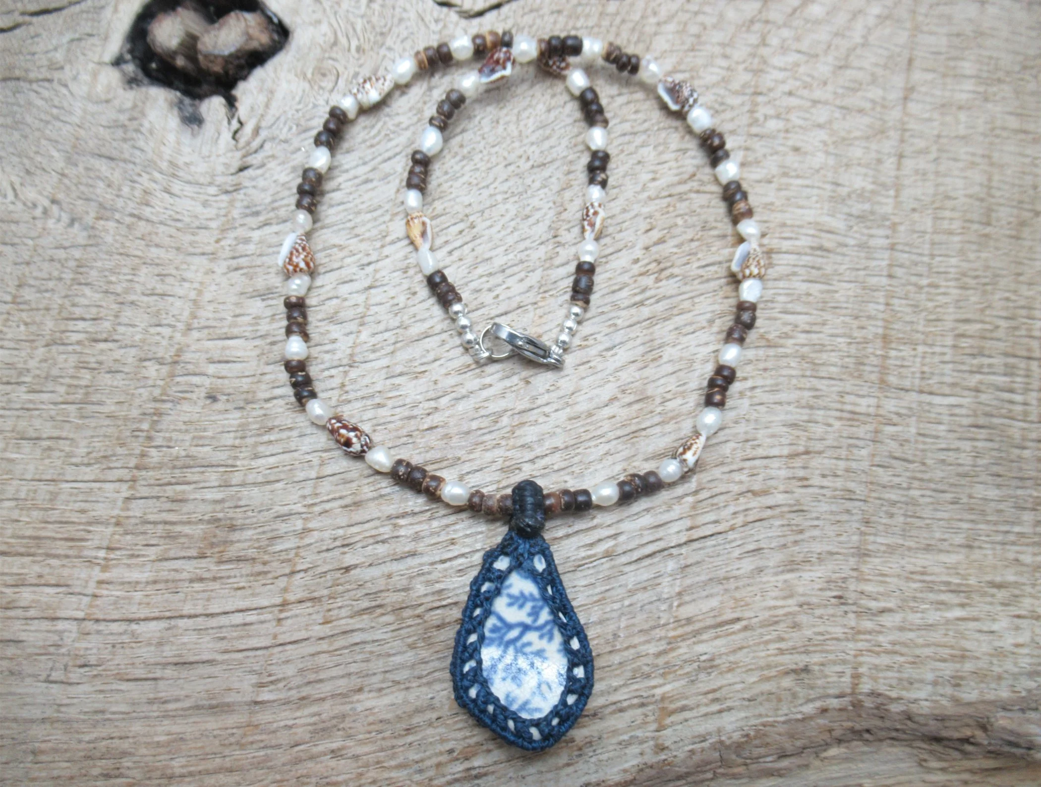 Beachcombing necklace with beautiful sea pottery pendant, collected on the Cumbria Coast, pearls, shells and coconut shell beads FREE SHIPPING WORLDWIDE