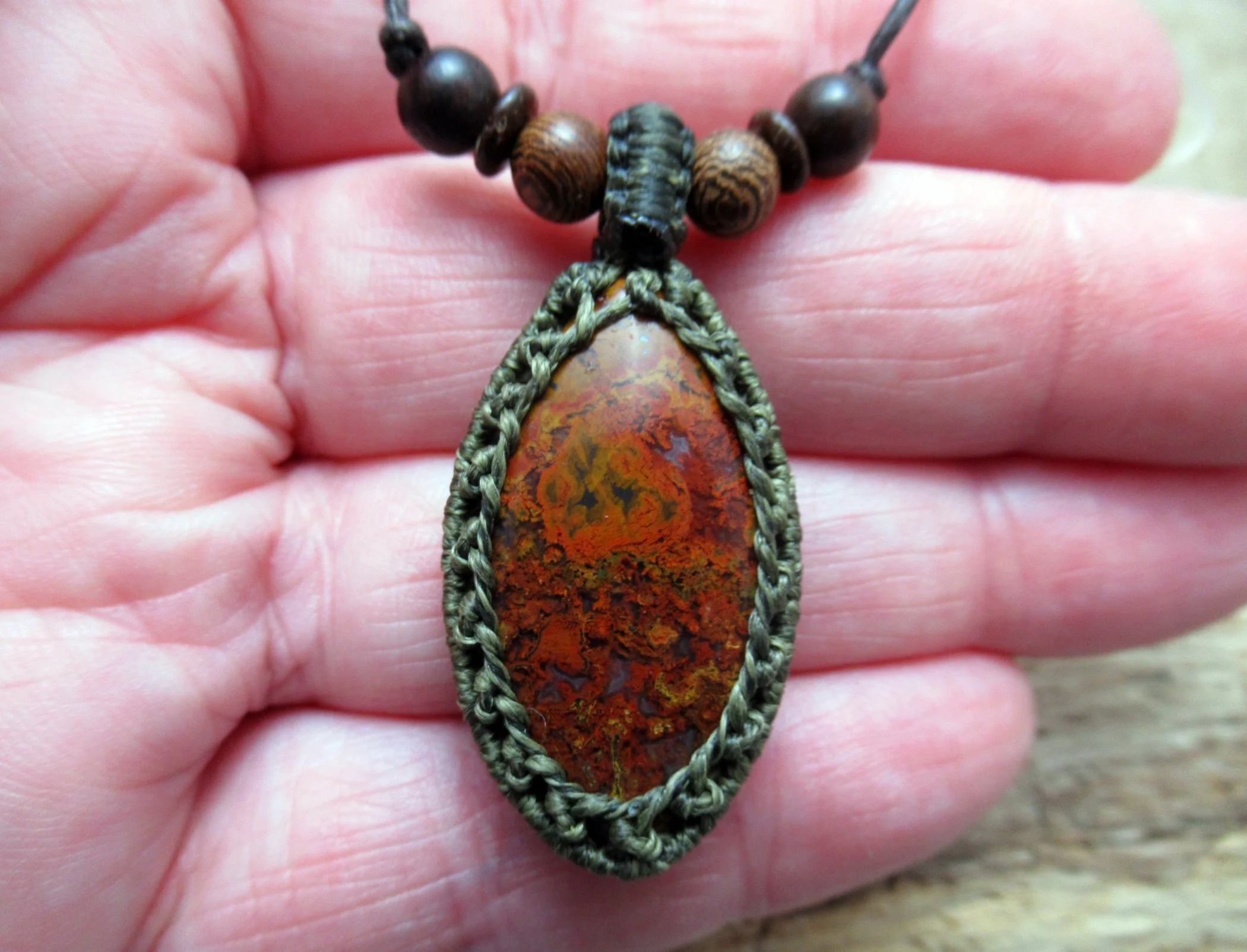 Plume agate macrame crystal pendant with mixed wood and coconut shell beads, mens or womens necklace FREE SHIPPING WORLDWIDE