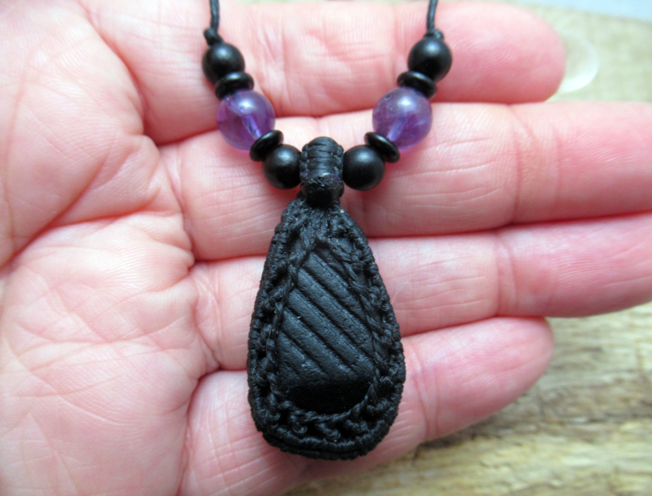Very rare extremely dark purple vitrolite glass macrame pendant, with amethyst and wood beads, historic sea glass necklace (please read full description in listing) FREE SHIPPING WORLDWIDE
