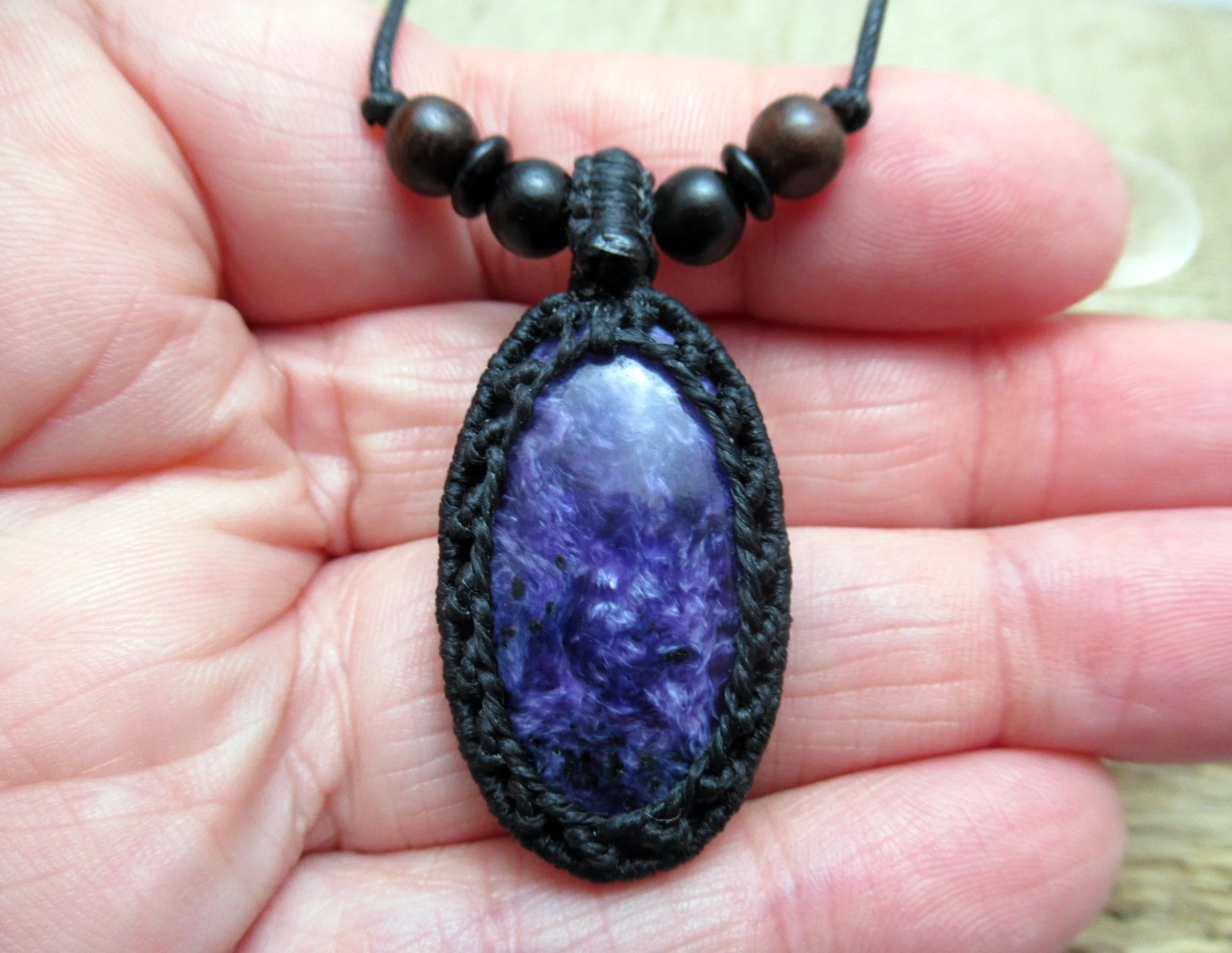 Stunning charoite macrame crystal pendant with mixed wood beads, rare stone FREE SHIPPING WORLDWIDE