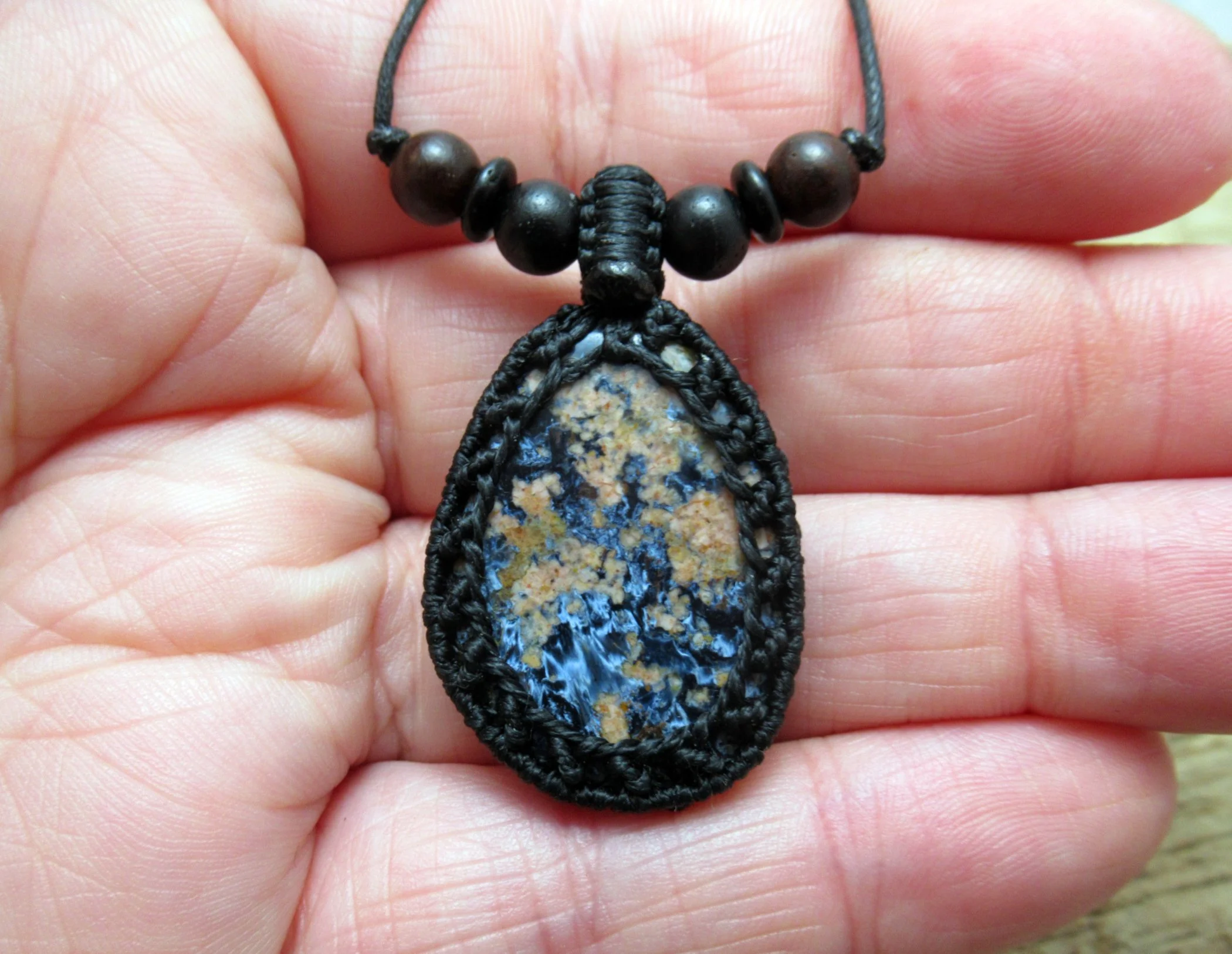 Natural blue pietersite macrame pendant, with mixed wood and coconut shell beads, mens or womens necklace