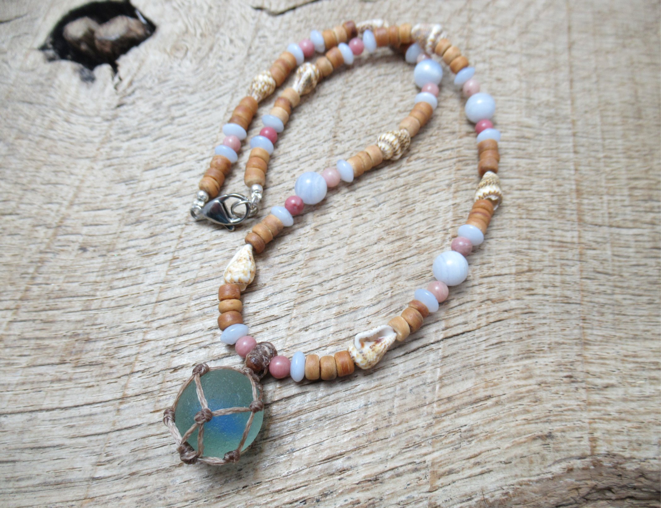 Beautiful sea glass marble with blue lace agate, rhodonite, shells and little coconut shell beads FREE SHIPPING WORLDWIDE