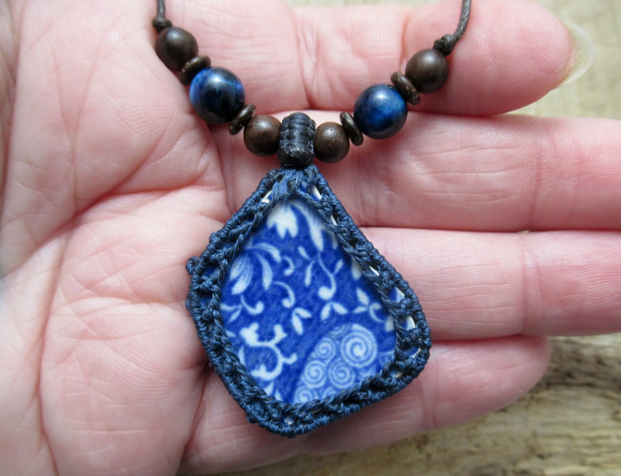 Large lightly worn sea pottery macrame pendant with blue tiger eye and wood beads FREE SHIPPING WORLDWIDE