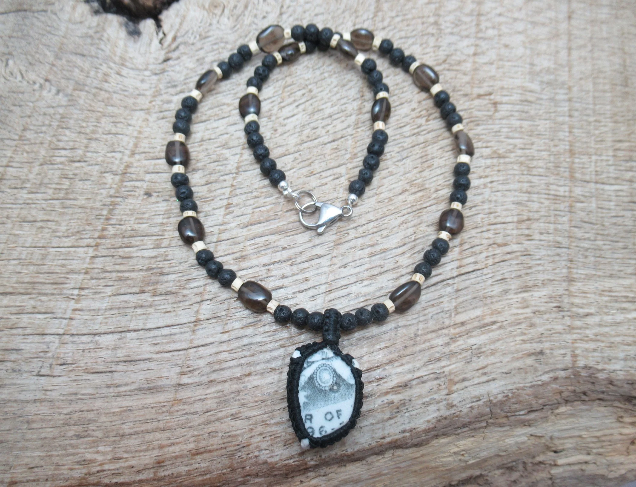 Beachcombing necklace with small sea pottery pendant, with smoky quartz, tiny fish vertebrae and lava stone beads FREE SHIPPING WORLDWIDE