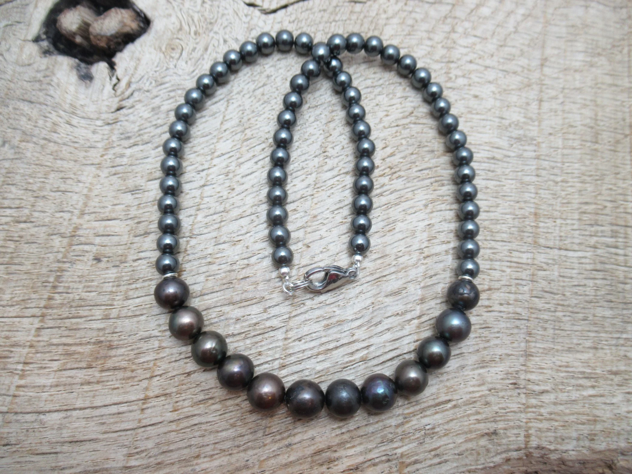Mens pearl necklace, cultured black pearls with hematite beads FREE SHIPPING WORLDWIDE
