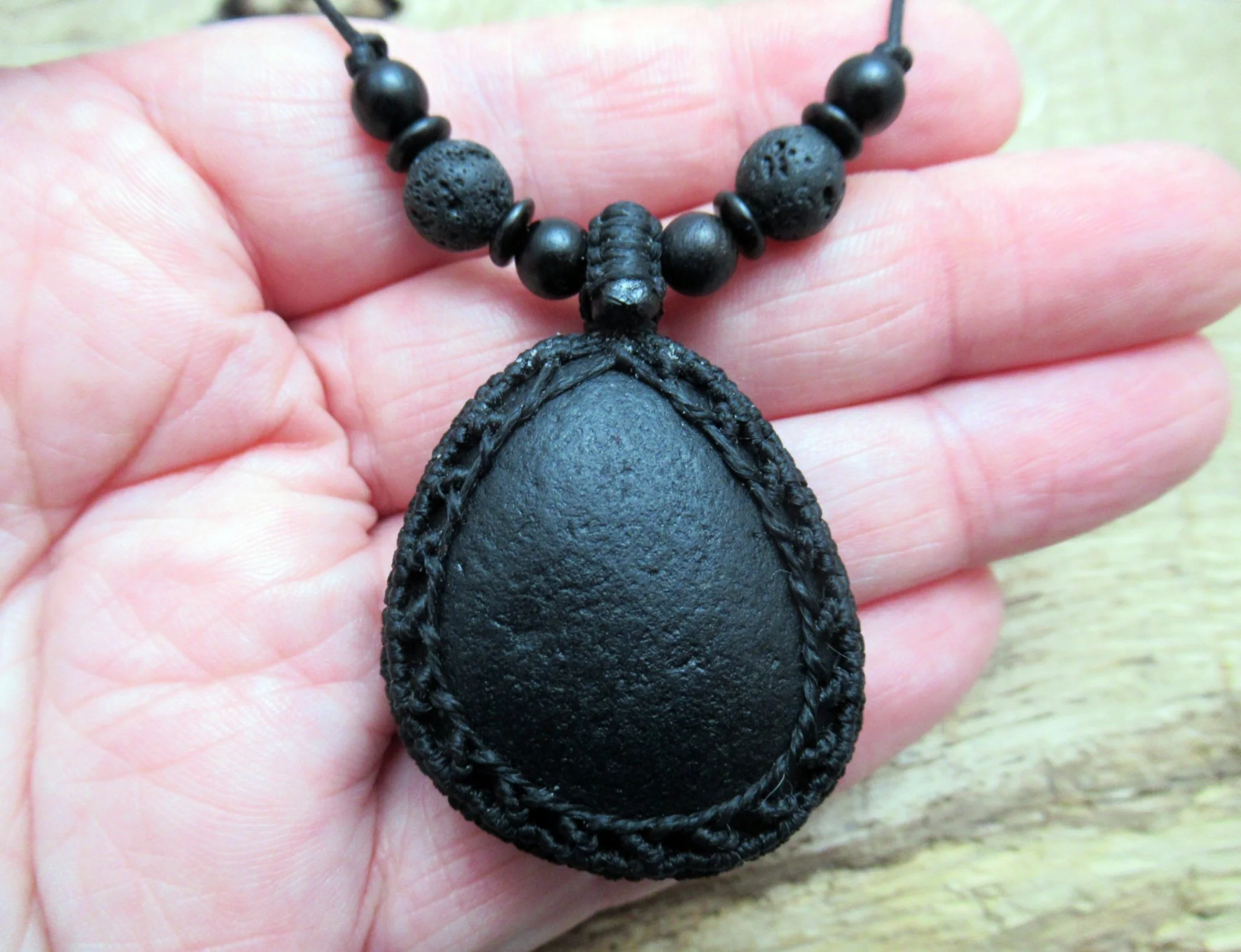Large pirate glass macrame pendant, with lava stone and wood beads, historic sea glass necklace FREE SHIPPING WORLDWIDE