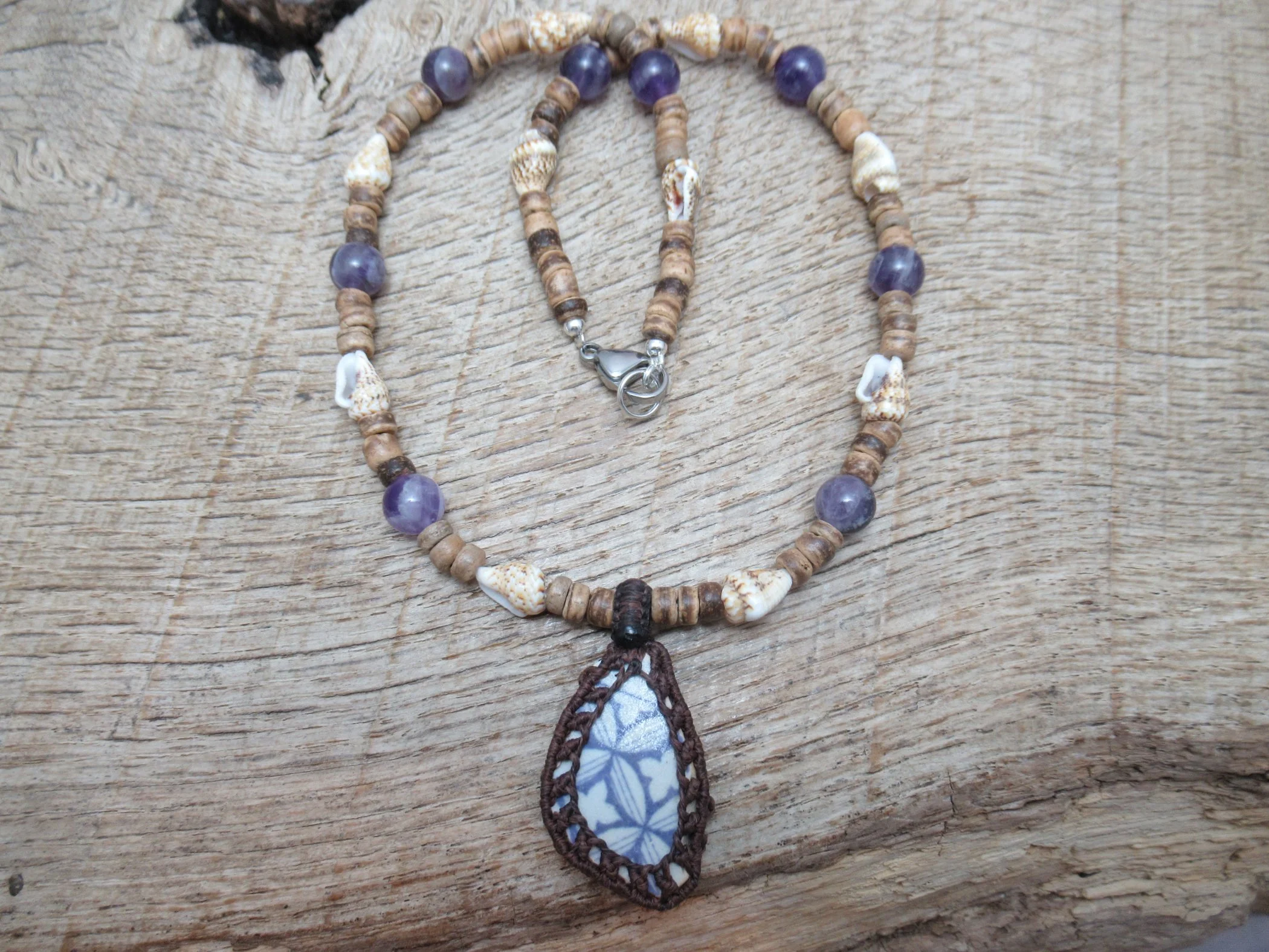 Beachcombing necklace with unusual purple sea pottery pendant, with amethyst, little shells and coconut shell beads FREE SHIPPING WORLDWIDE
