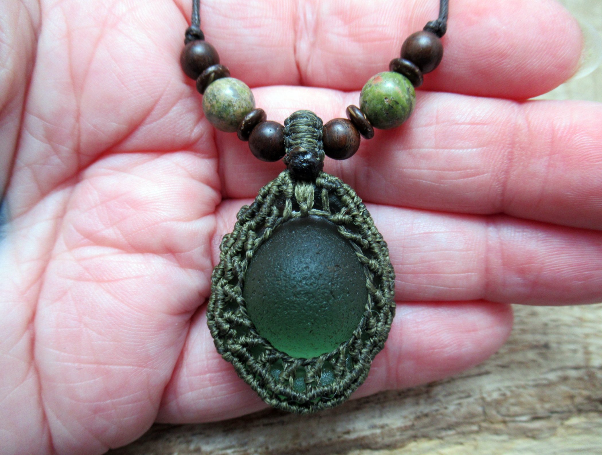 Pale green 'Mermaids nipple' sea glass necklace with unakite and wood beads,  FREE SHIPPING WORLDWIDE