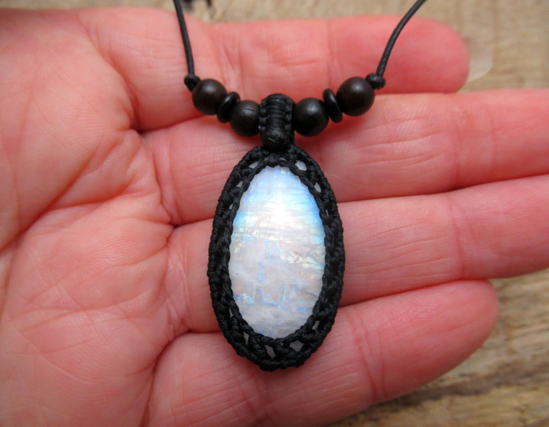 Natural moonstone macrame pendant, with mixed wood and coconut shell beads