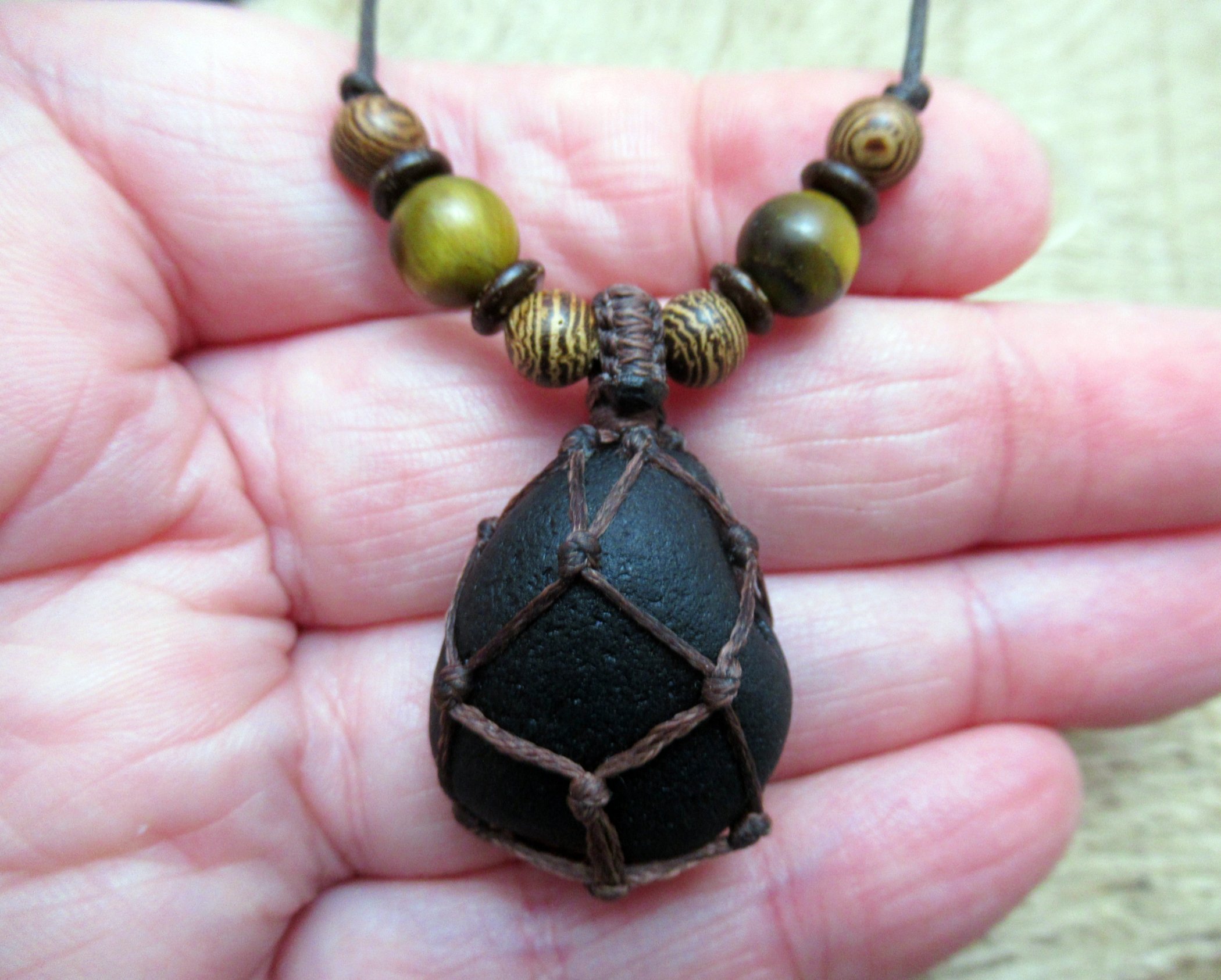 Pirate glass necklace with tigereye and wood beads, old historic sea glass pendant FREE SHIPPING WORLDWIDE