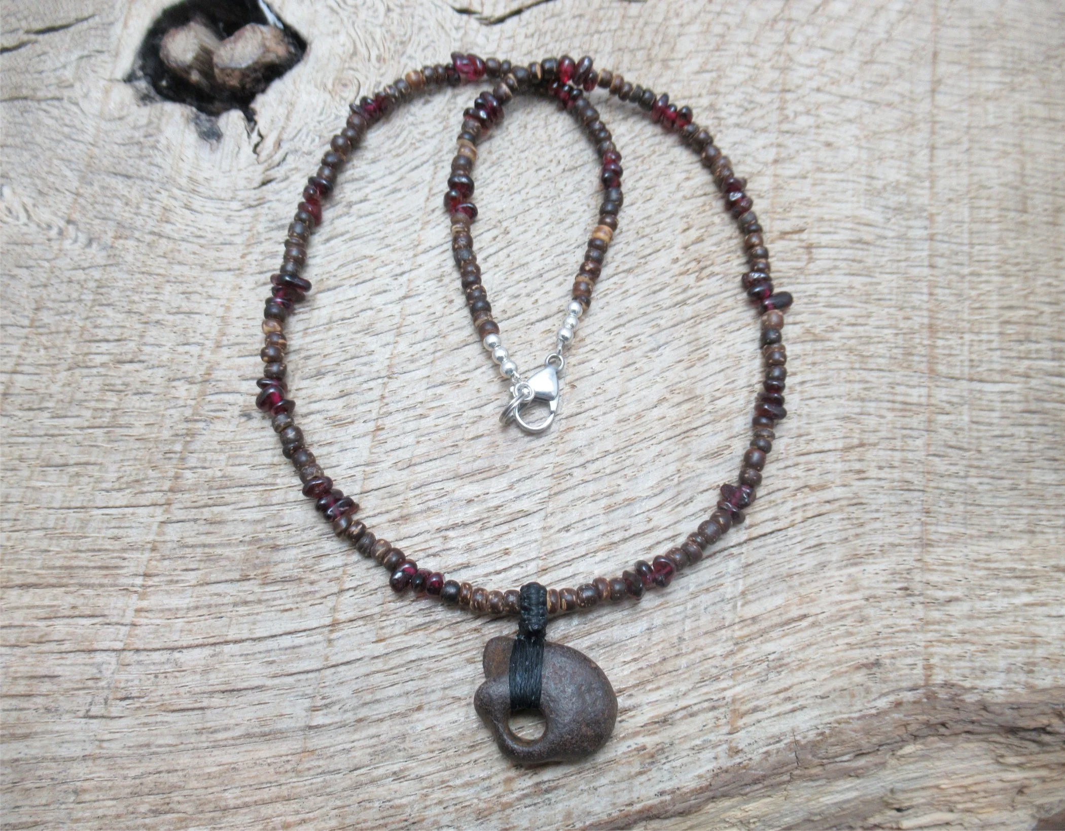 Ironstone hagstone, from the Isle of Wight, necklace with little garnet and coconut shell beads FREE SHIPPING WORLDWIDE