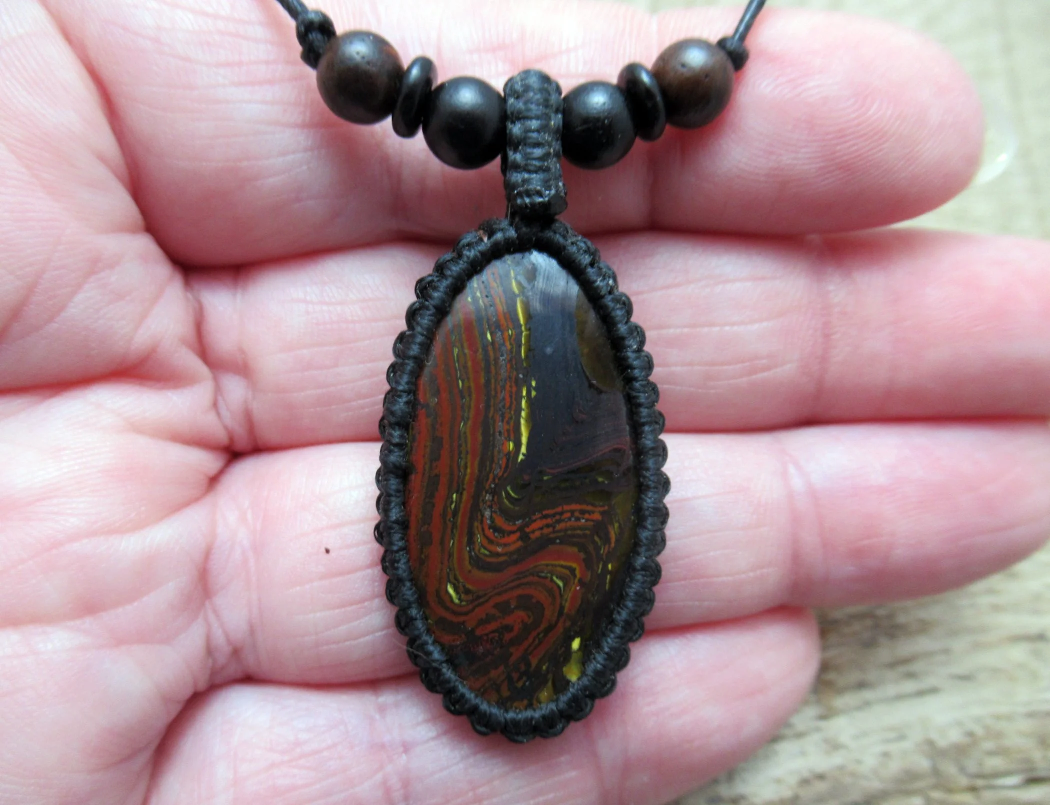 Tiger iron macrame crystal necklace with mixed wood and coconut shell beads FREE SHIPPING WORLDWIDE