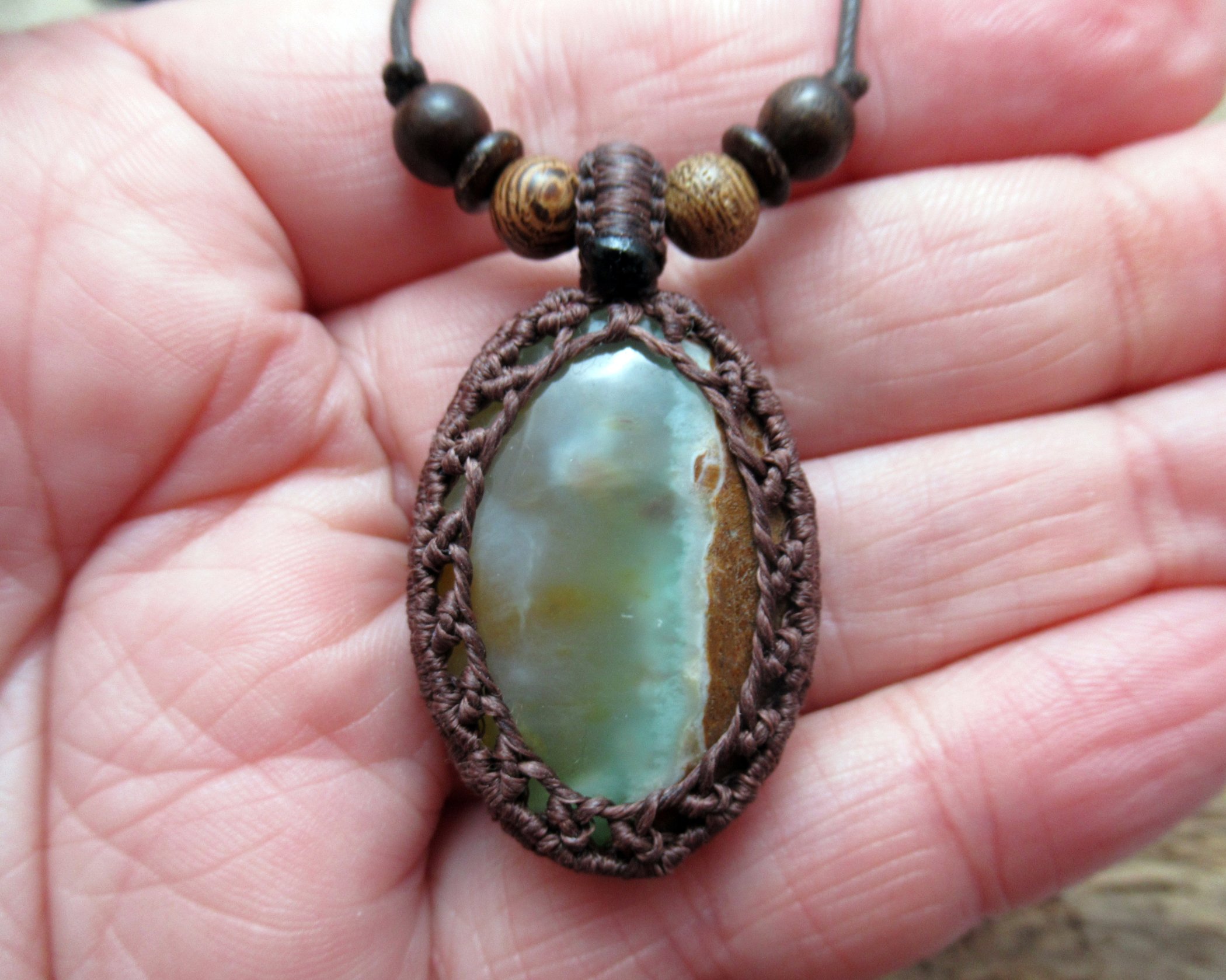 Chrysoprase macrame pendant with mixed wood and coconut shell beads FREE SHIPPING WORLDWIDE