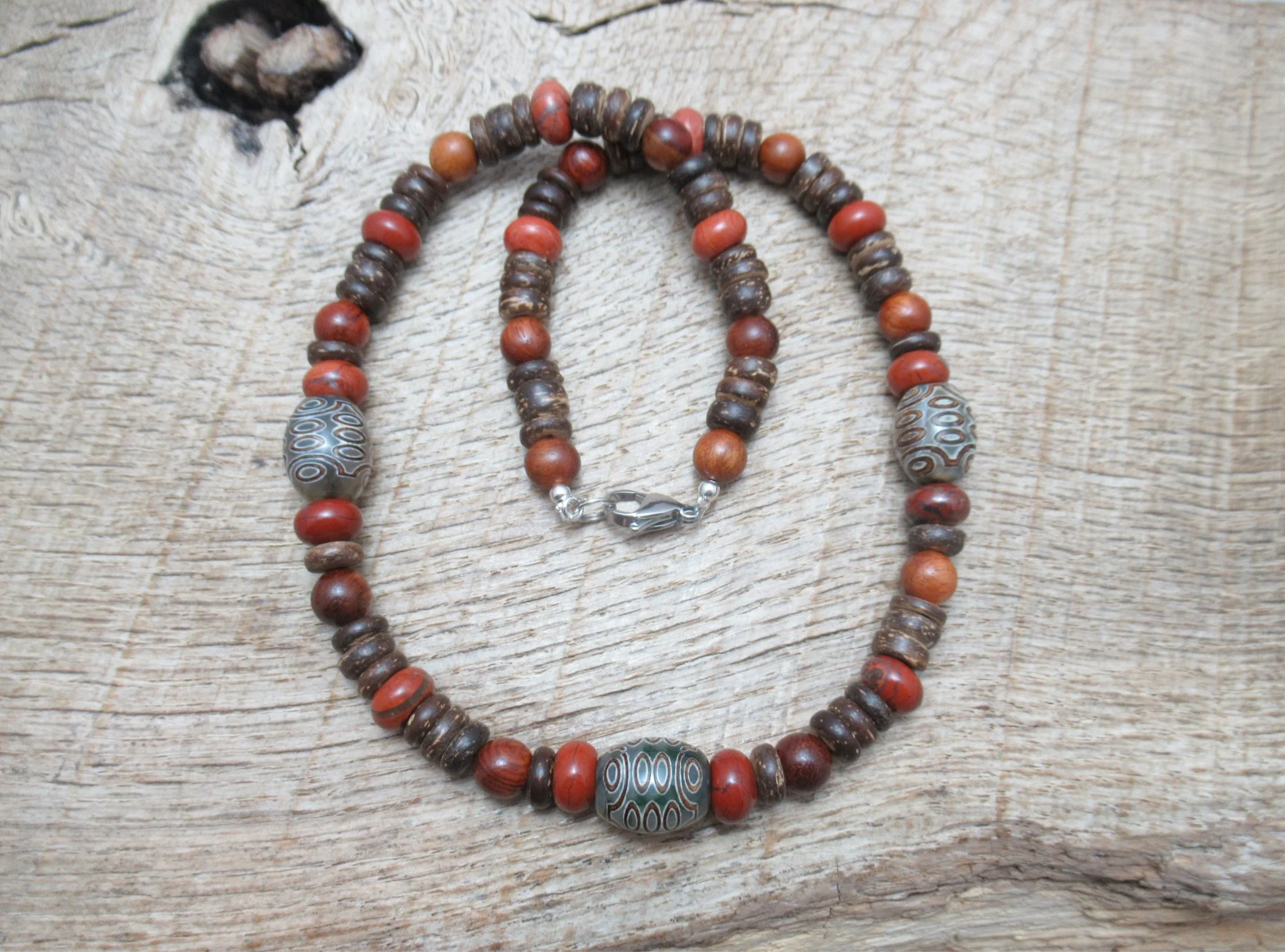 Mens necklace with agate dzi beads, symbol for "wishmaster", with unakite, lava stone, wood and coconut shell beads FREE SHIPPING WORLDWIDE