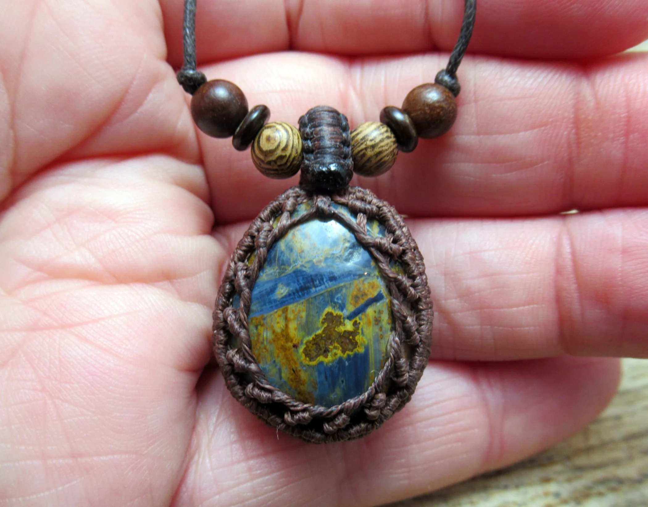 Small natural pietersite macrame pendant, with mixed wood and coconut shell beads, mens or womens necklace