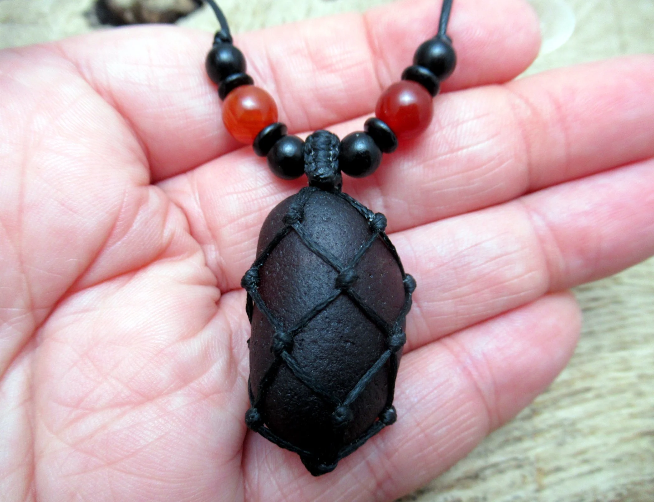 Rare amber colour pirate glass necklace with carnelian, wood and coconut shell beads, old historic seaglass pendant FREE SHIPPING WORLDWIDE