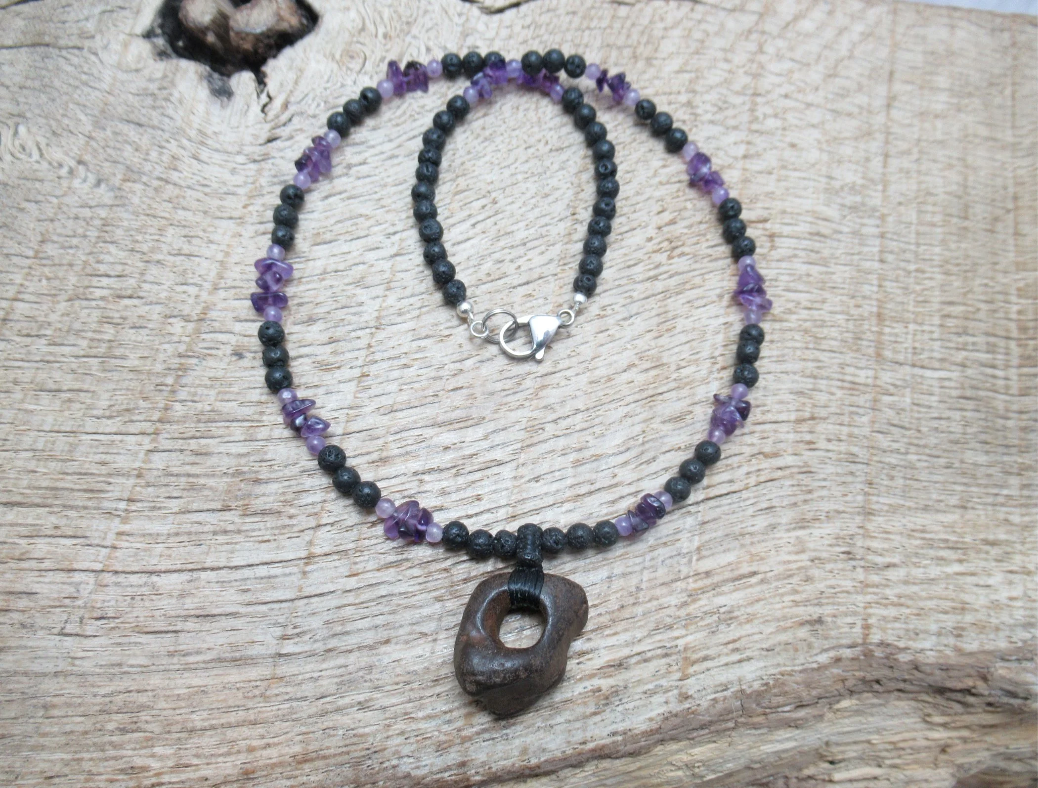 Ironstone hagstone, from the Isle of Wight, necklace with little amethyst and lava stone beads FREE SHIPPING WORLDWIDE