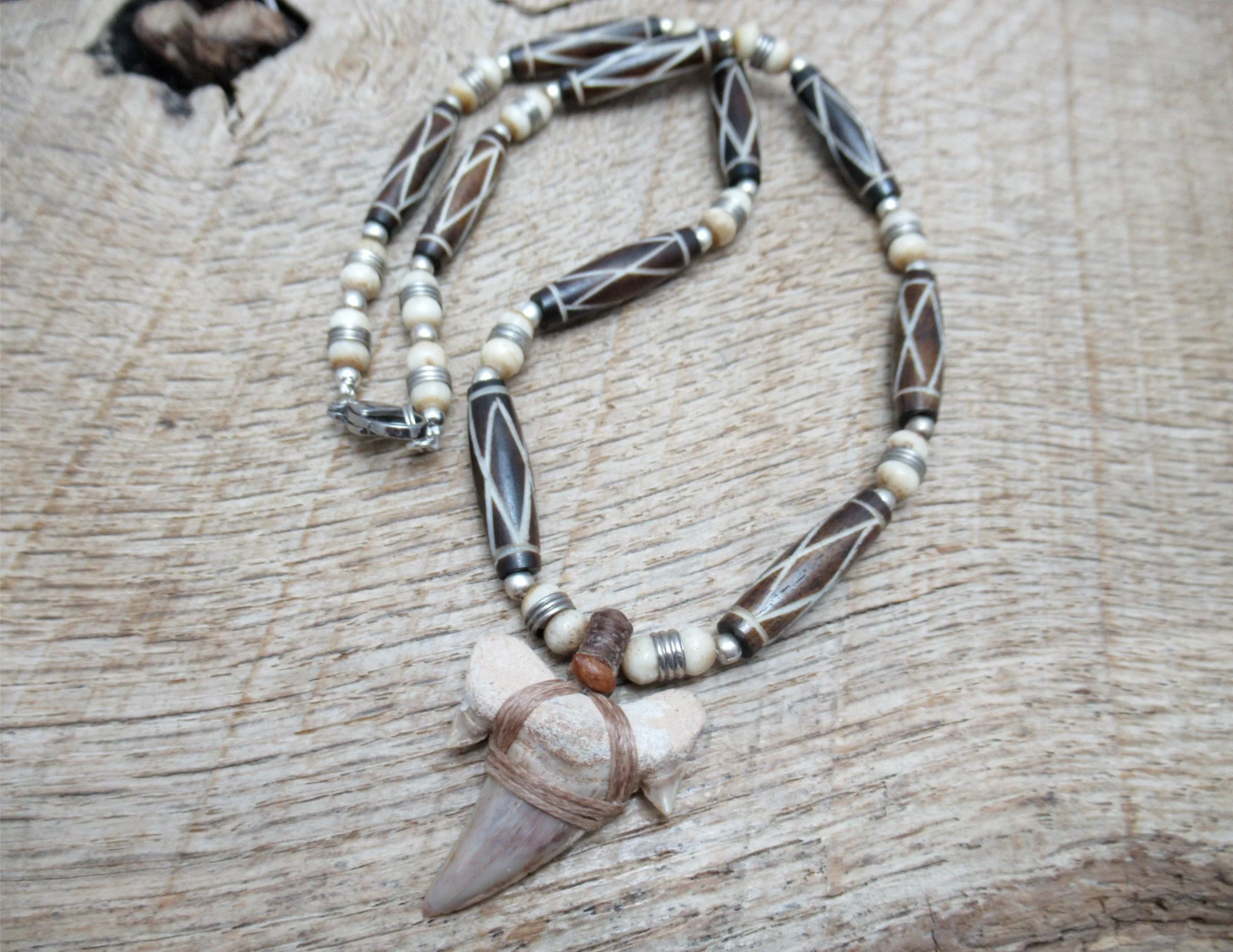 Fossil shark tooth necklace with carved and dyed bone and small metal beads, otodus obliquus shark FREE SHIPPING WORLDWIDE