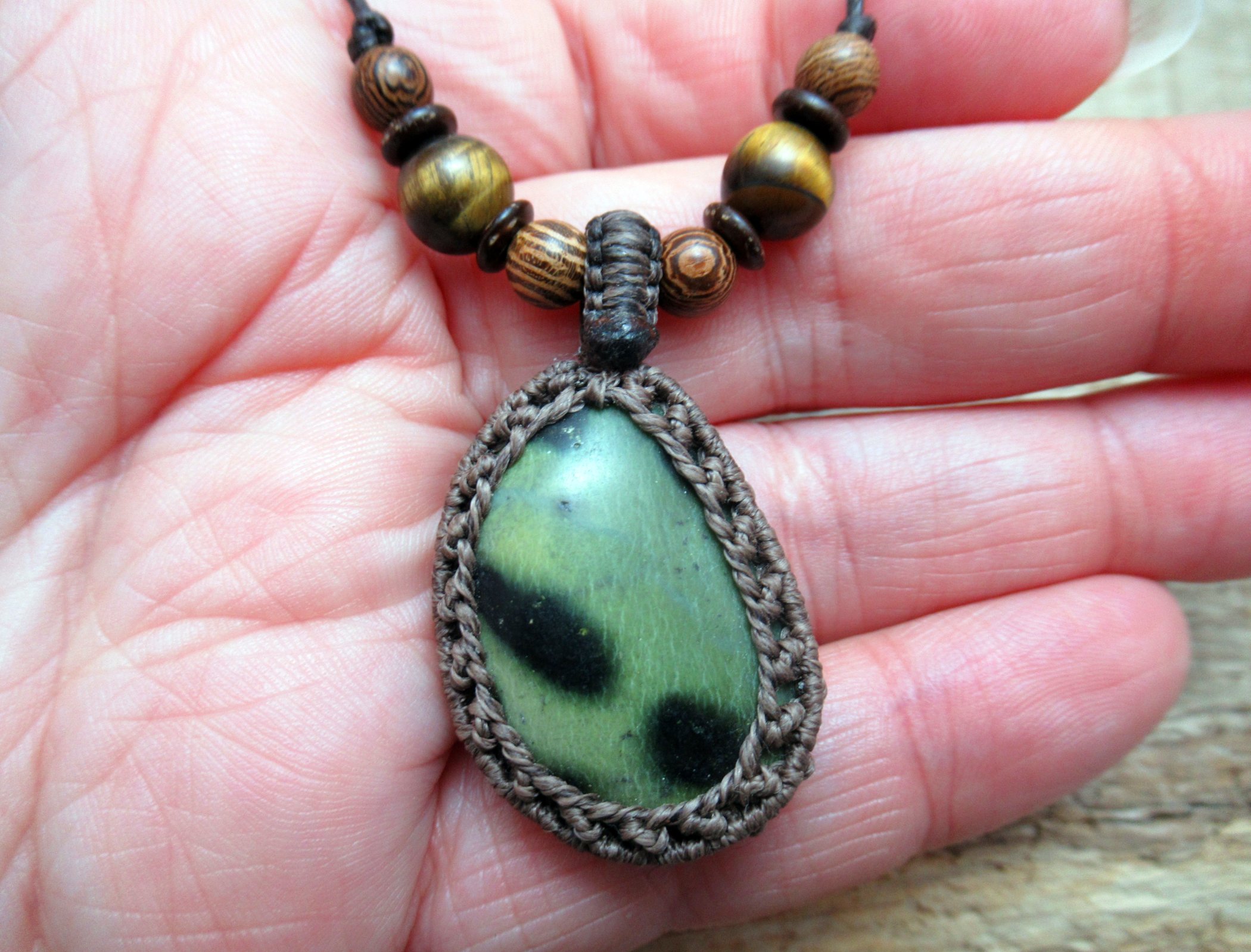 Serpentine macrame pendant with tiger eye and wood beads FREE SHIPPING WORLDWIDE