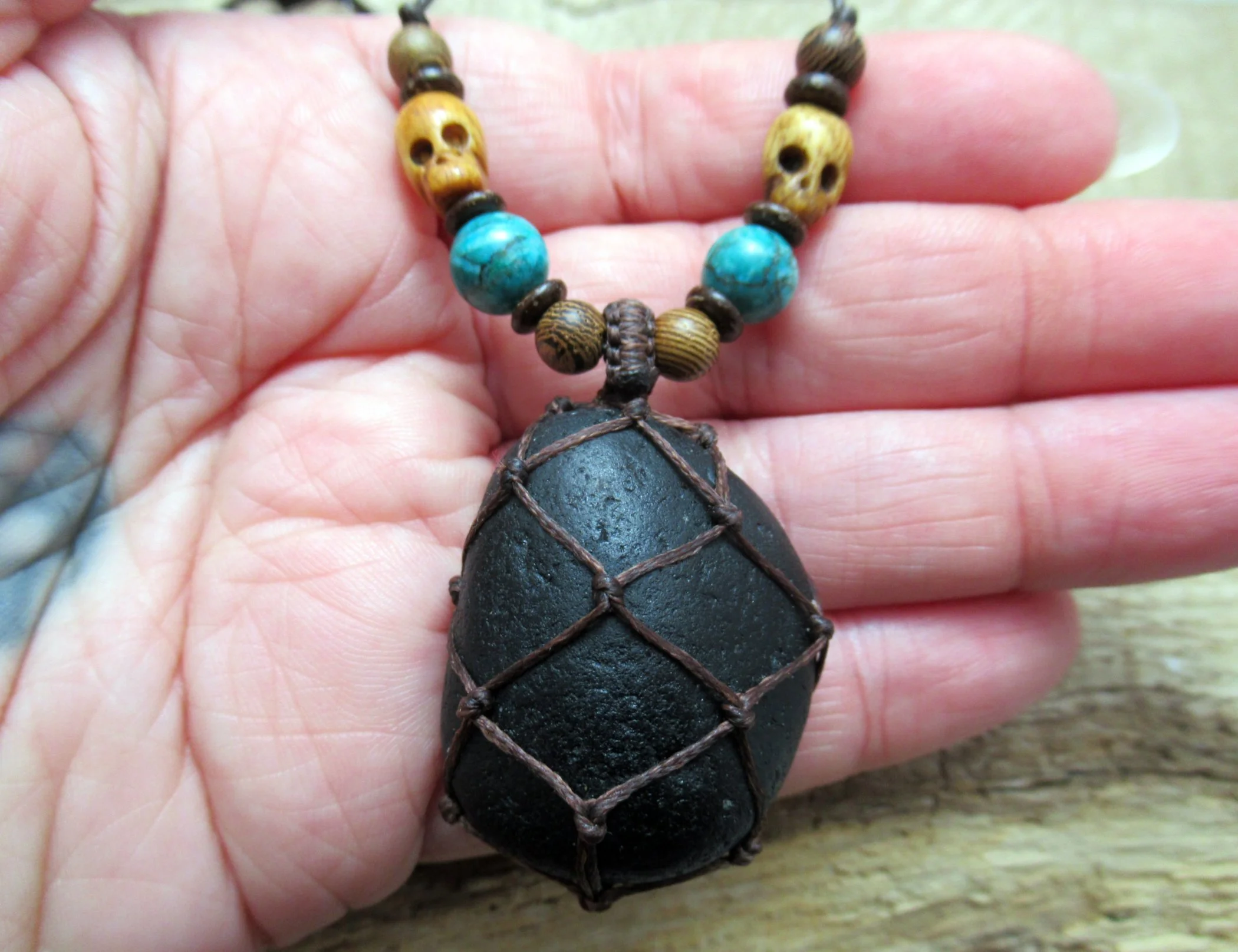 Large piece of pirate glass, old historic seaglass pendant, with carved bone skull and turquoise beads FREE SHIPPING WORLDWIDE