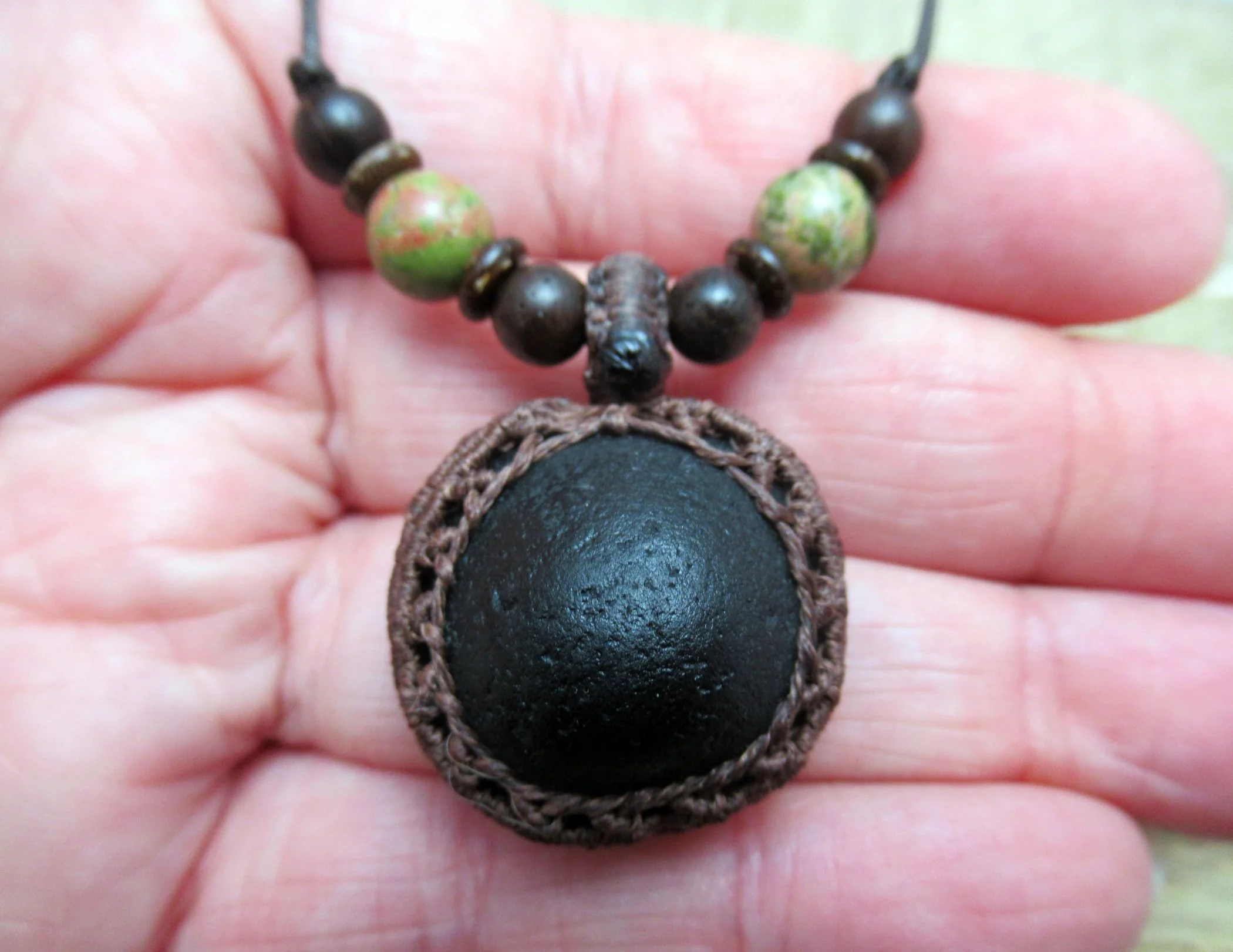 'Mermaids nipple' pirate glass necklace with unakite and wood beads, old historic seaglass pendant,  FREE SHIPPING WORLDWIDE