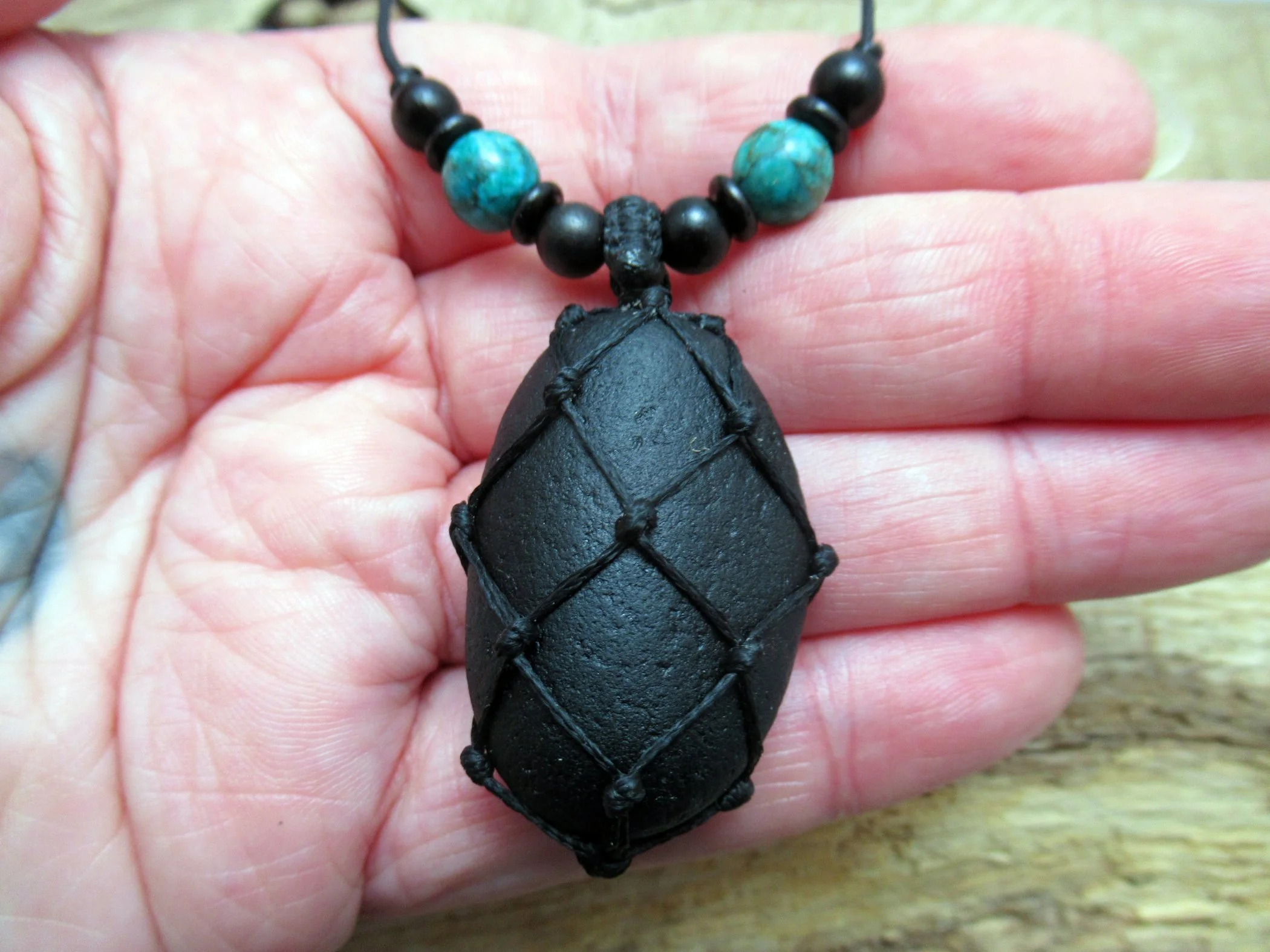 Large pirate glass pendant, old historic seaglass necklace with turquoise and wood beads FREE SHIPPING WORLDWIDE